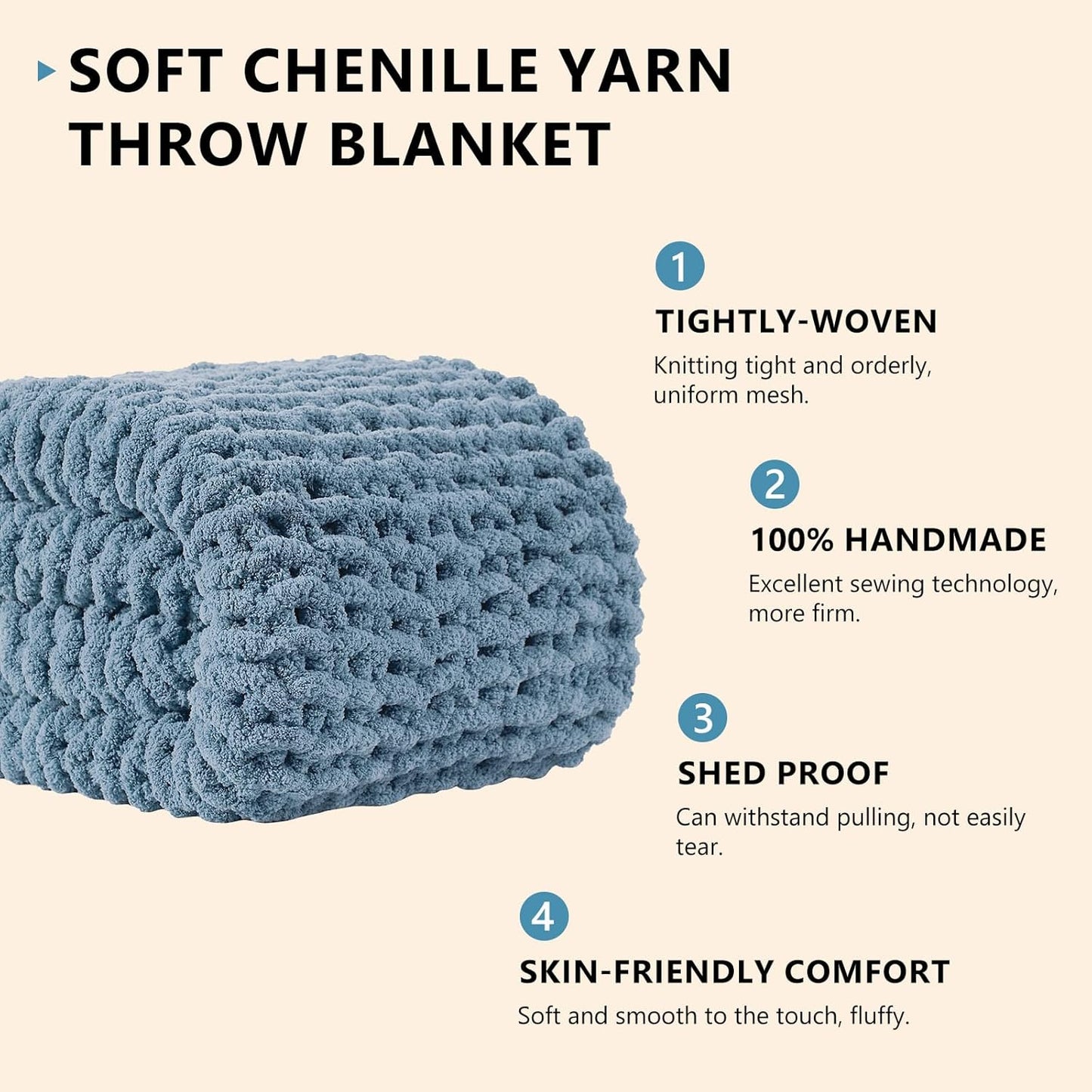 L'AGRATY Chunky Knit Blanket Throw: 50''x60'' Chenille Chunky Knitted Throw Blanket for Bed Couch - Handmade Thick Big Cable Knit Blanket - Large Crochet Rope Blanket for Home Decor(Airy Blue)