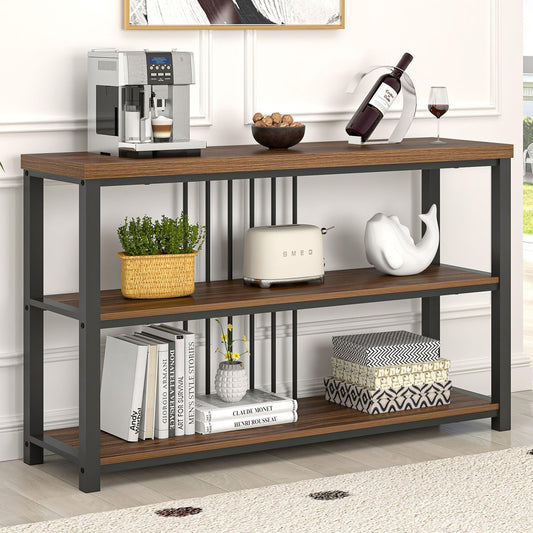 FOLUBAN Console Table for Entryway, Narrow Sofa Table with 3 Tier Storage Shelf for Living Room Hallway Behind Couch, Rustic Walnut
