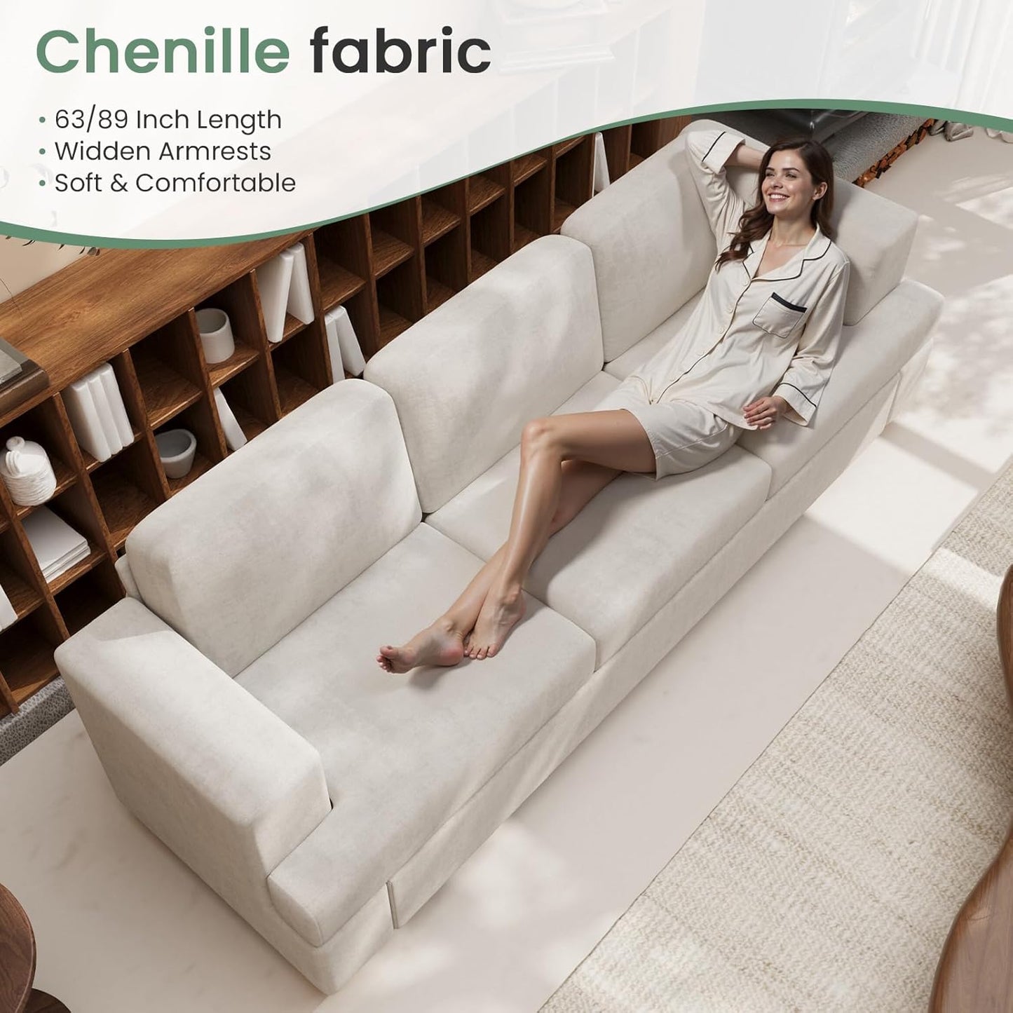 Sofa, 3 Piece Set Comfy Sofa, Loveseat & 2 3-Seater Couch with Deep Seats for Living Room, Modern Sleeper Couch, Beige Chenille