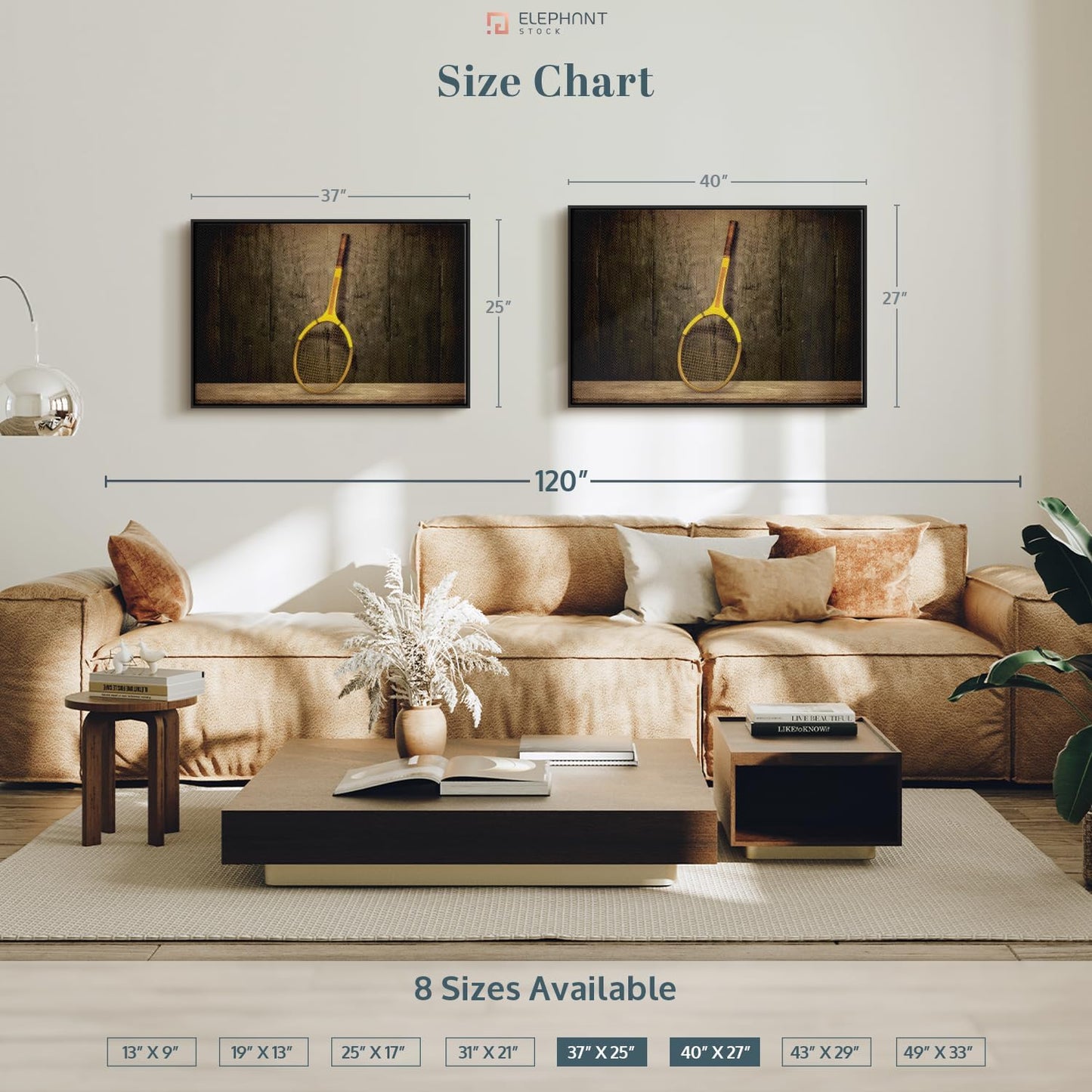 ElephantStock Vintage Tennis Racket Wall Art - Horizontal Framed Canvas - 1-Piece Living Room Wall Decor - Photography Sports Canvas Print - Brown and Black Decor for Wall - 40" X 27"