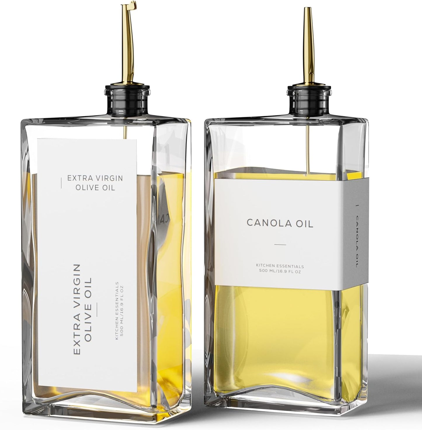 Olive Oil Dispenser for Kitchen, 16.9 oz/ 500 ml Olive Oil Dispenser Bottle, Glass Oil Bottles for Kitchen with 4 Stainless Steel Pourers, 40 Labels, 2 Pcs, Gold