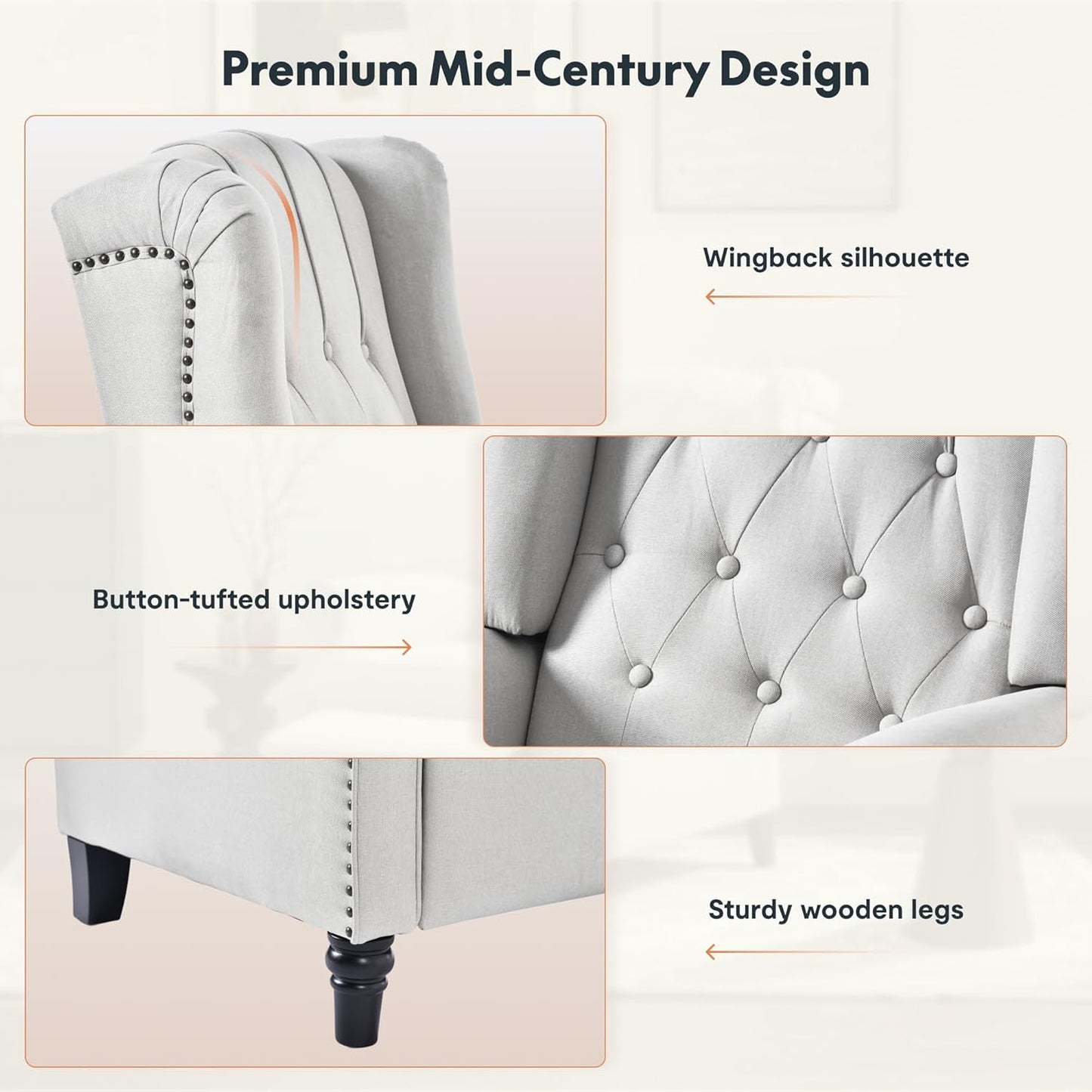 Softa Recliner Chair for Adults, Mid Century Wingback Pushback Accent Chair with Rivet Decoration, Tufted Upholstered Single Sofa Armchair for Living Room, Bedroom, Study (Fabric, Cream)