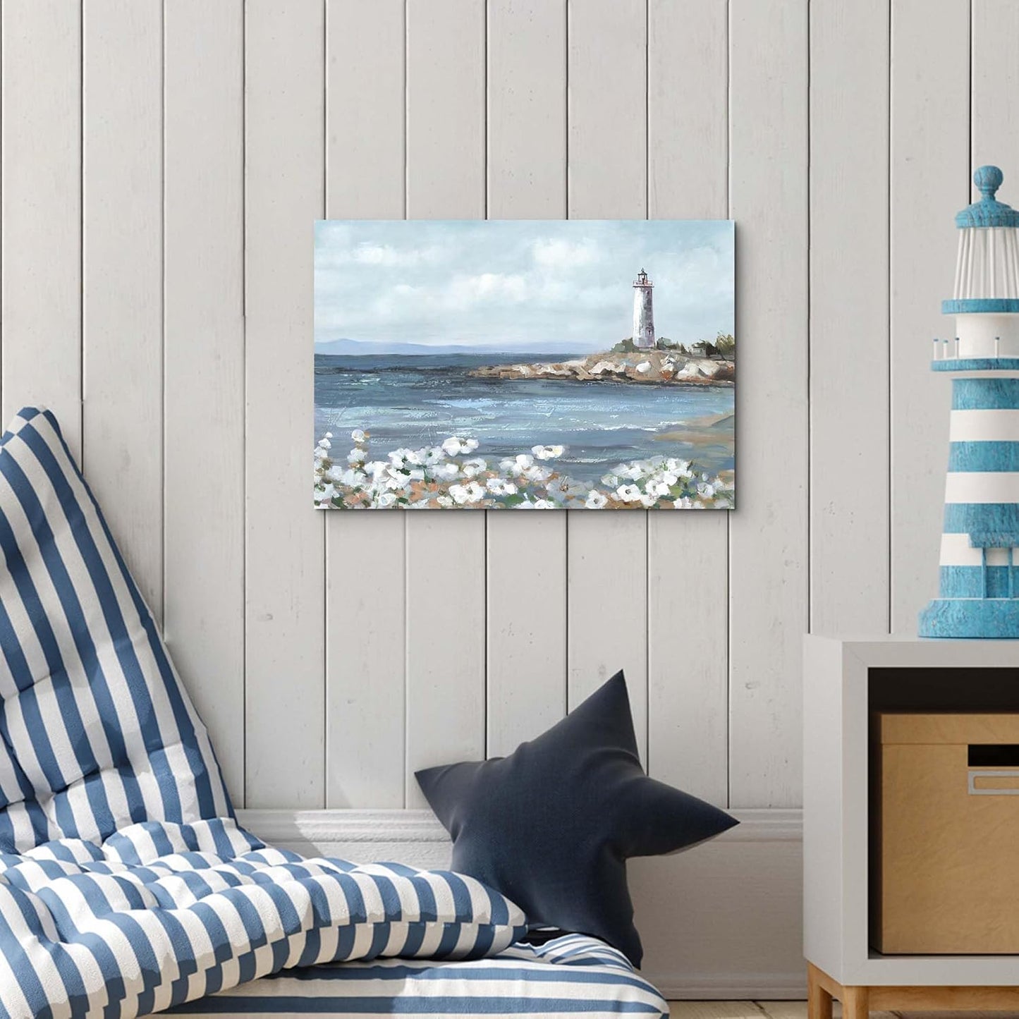 cozy country Lighthouse Wall Art 16"x11" - Coastal Pictures Beach Canvas Ocean Decor - Nautical Artwork Seascape Painting for Bathroom, Bedroom, Sea House