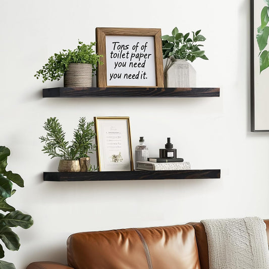 24"x6.8"x1.2" Solid Wood Floating Shelves 2-Pack - Rustic Black Finish with Hidden Brackets, Perfect for Storage and Décor in Living Room, Kitchen, Bedroom