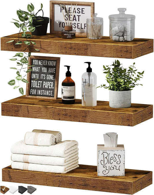 QEEIG Floating Shelves for Wall Bathroom Shelf Bedroom Kitchen Living Room Hanging Book Shelves Small Farmhouse Decor 16 inch Set of 3, Rustic Brown (015-BN3)
