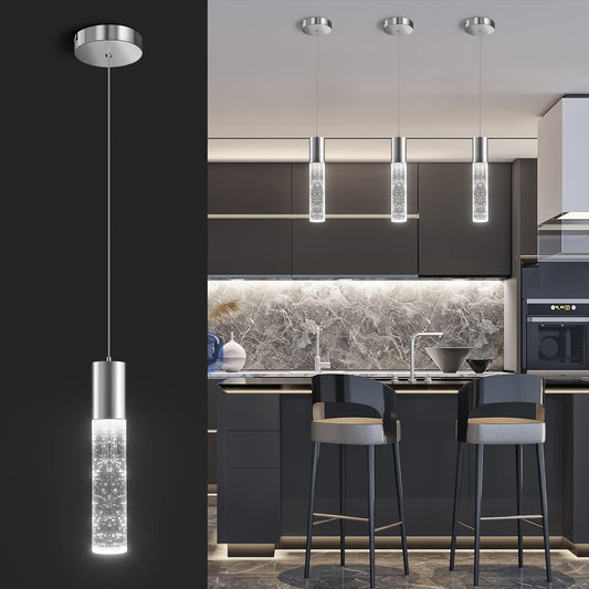 OKELI Pendant Lights Kitchen Island 1 Pack, 6000K Modern LED Bubble Crysta Pendant Light, Chrome Mini Single Island Lights Hanging Lighting for Dining Room, 6W, ETL