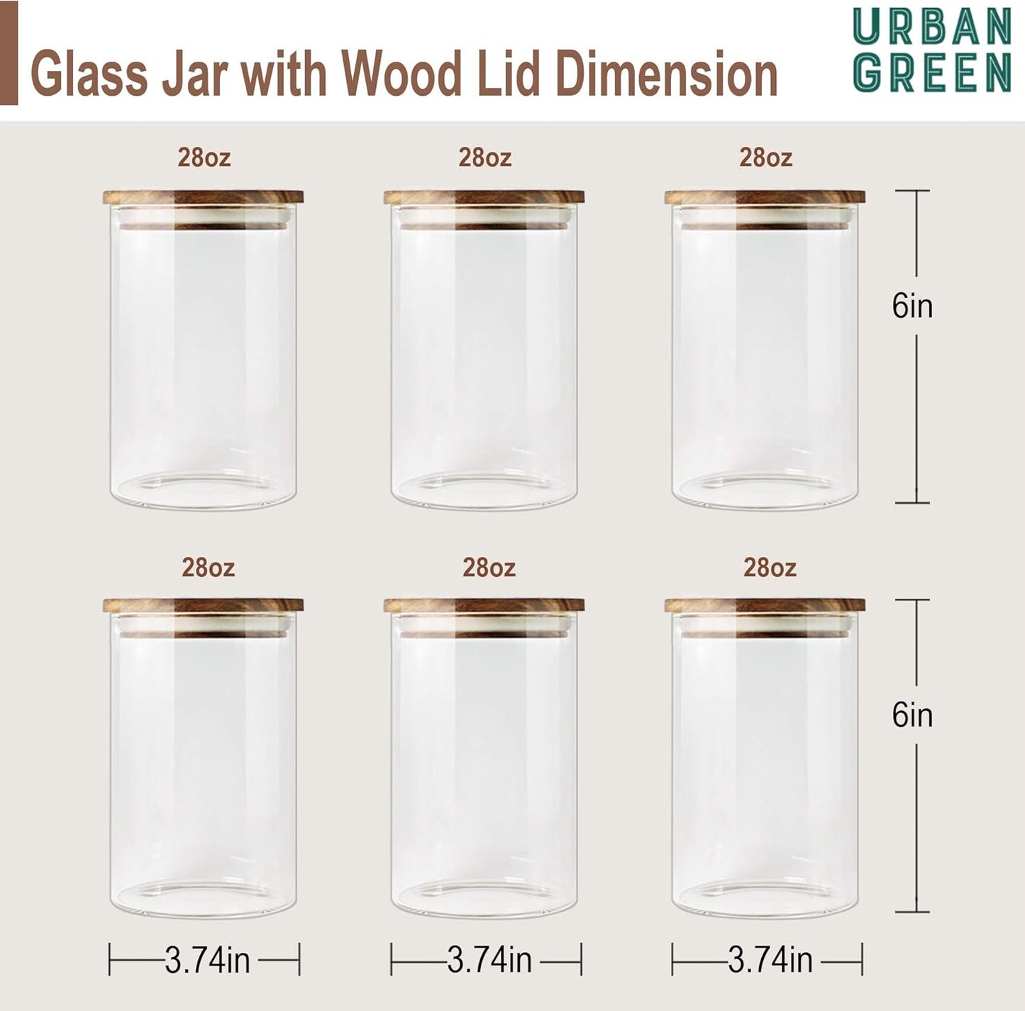 Urban Green Glass Jars with Airtight Lids, Airtight Canisters with Wood Lids, Glass Storage Containers with Bamboo Lid, Food Storage Containers Set (6 Pack of 27oz)