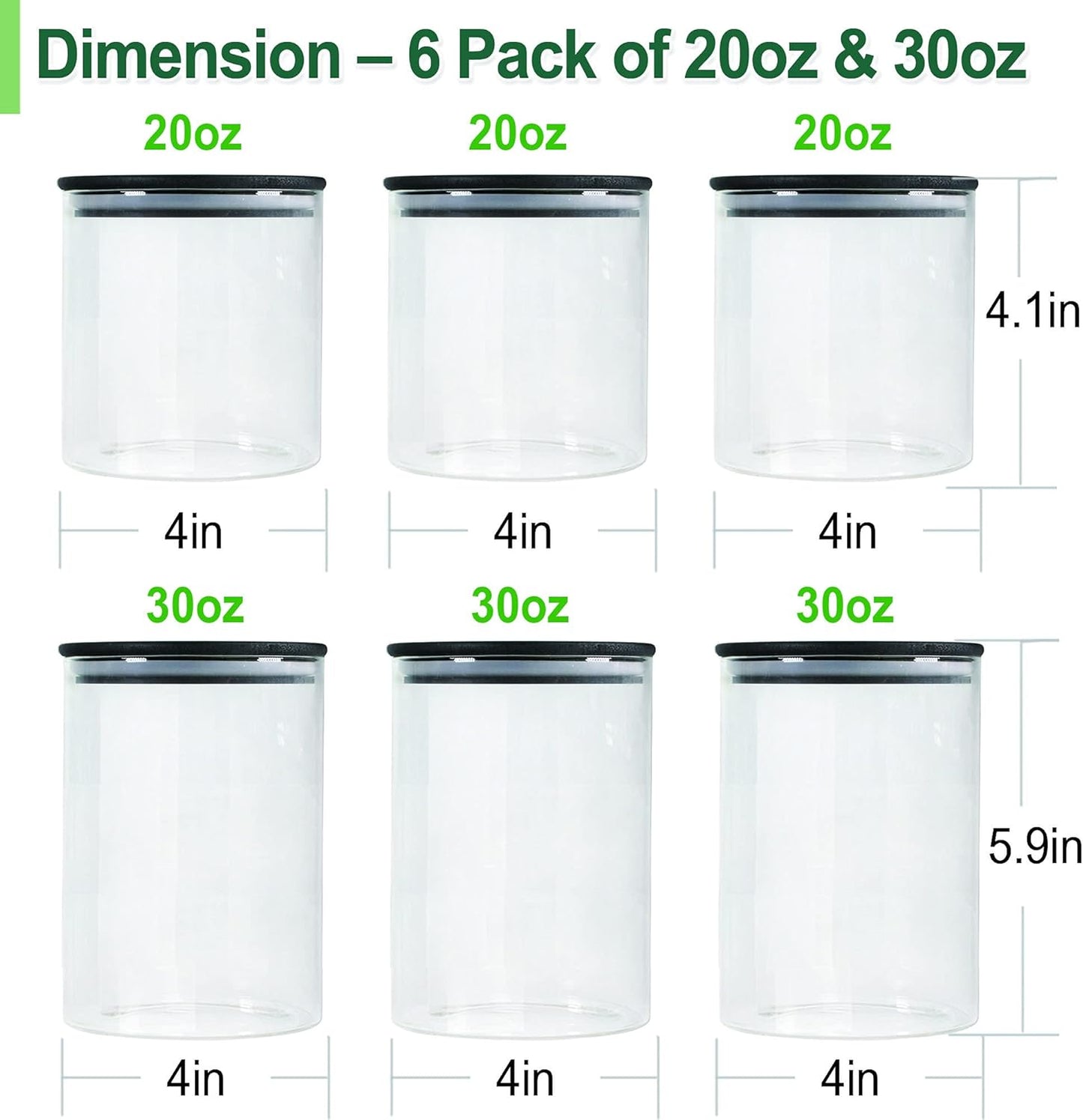Urban Green Glass Jars with Black Bamboo Lids, Food Storage Containers with Airtight Black Lids, Glass Kitchen Canisters Sets (3 pack of 20oz + 3 pack of 30oz)