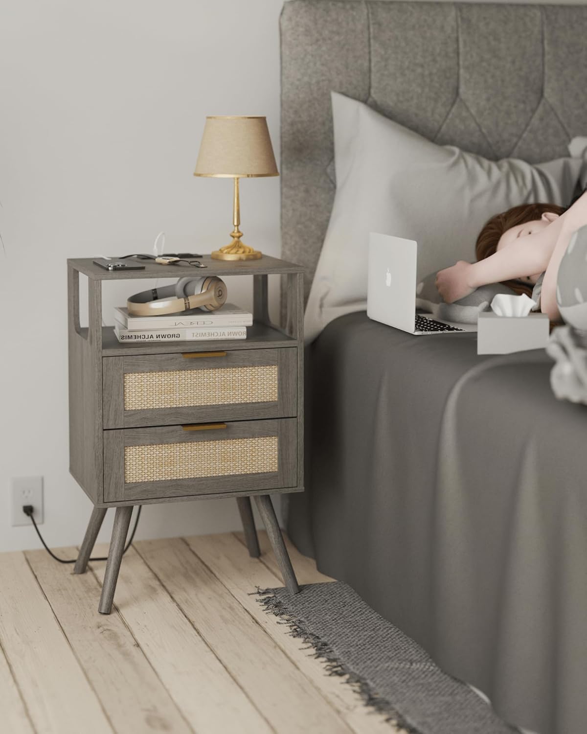 Rattan Nightstand with Charging Station,Modern Bedside Table with 2 Storage Drawer and Open Wood Shelf, for Bedroom and Small Spaces,Night Stand with Solid Wood Legs (Grey Oak)