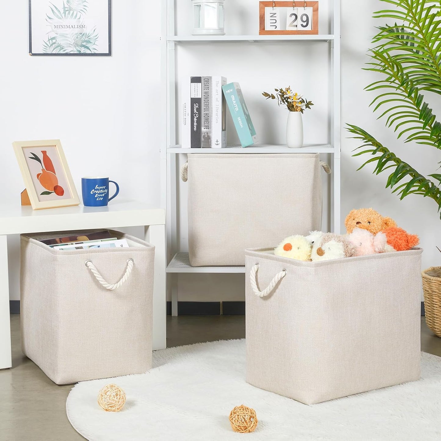 Bidtakay Extra Large Storage Baskets for Organizing Clothes Storage Bins 3 Pack Fabric Storage Bins for Shelves Linen Collapsible Organizer for Closet-Light Biege