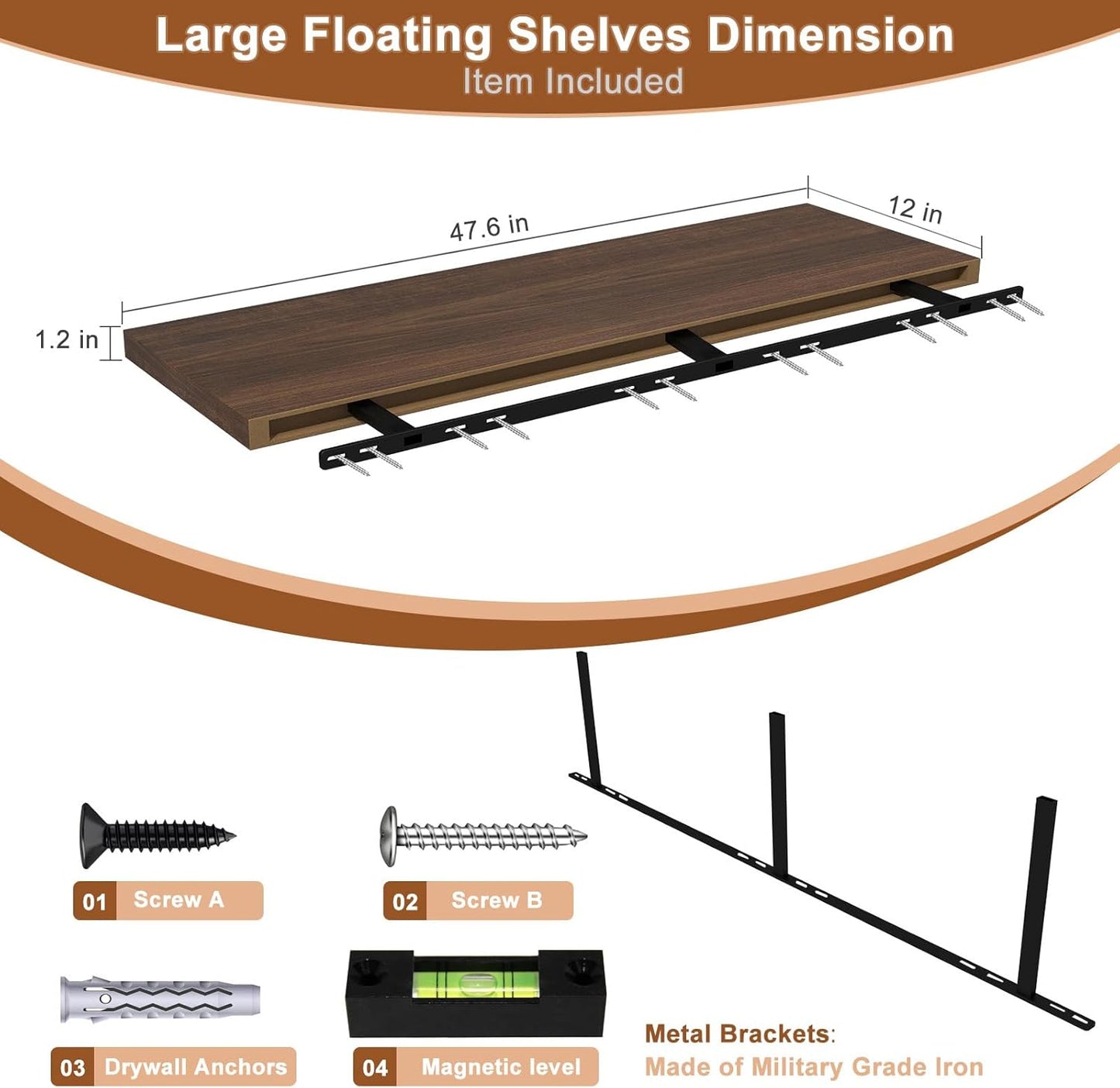 48 Inch Floating Shelf 1 Pack Large Floating Shelves for Wall No Drilling Accessories Included Deep Wall Shelves for Living Room Kitchen Farmhouse 48" W x 12" D x 1.2" Walnut