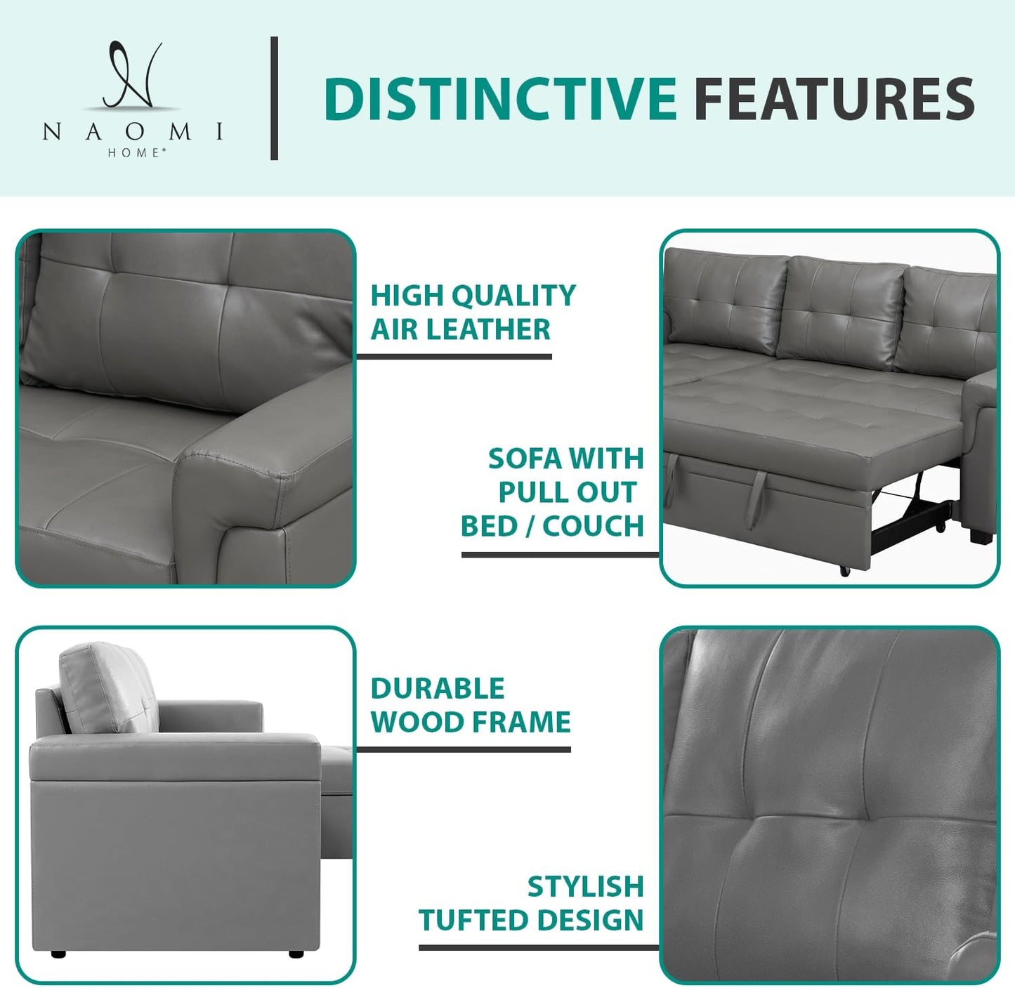 Naomi Home L-Shaped Reversible Sectional Sofa with Pull-Out Sleeper Bed and Storage Chaise, Gray Air Leather