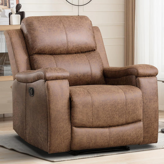 EBELLO Recliner Chair, Single Overstuffed Sofa Recliner, Breathable Faux Leather Manual Reclining Chairs with Hidden Cup Holder, Arm and Back for Adults, Living Room, Bedroom, Light Brown