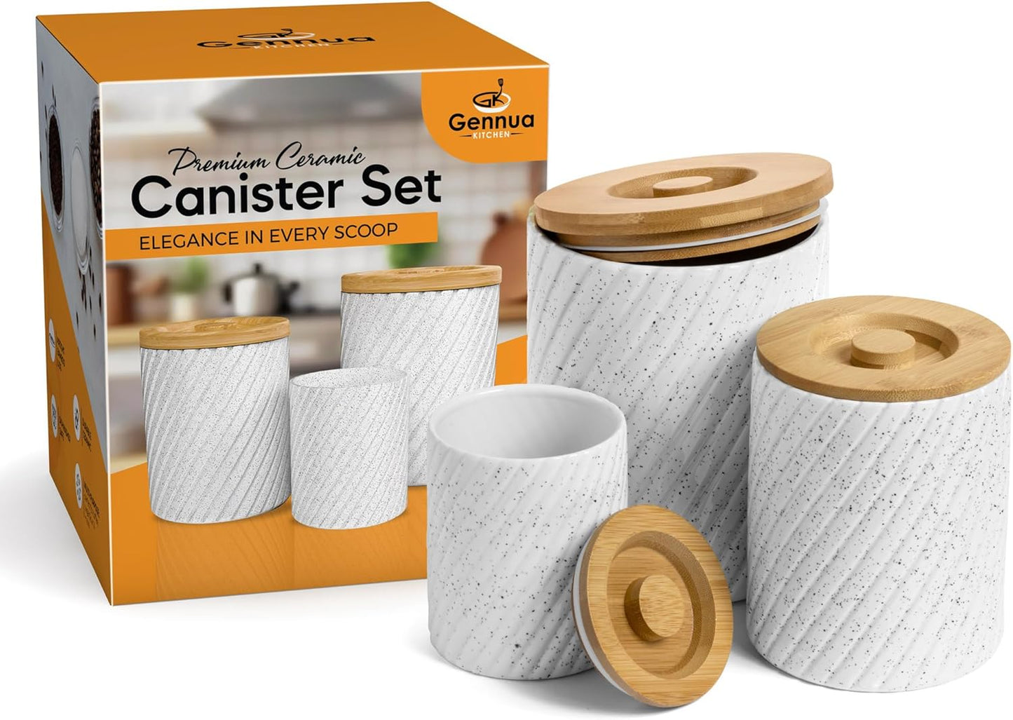 Ceramic Canister Set for Kitchen Countertop & Pantry – 3 Airtight Food Storage Containers for Flour, Sugar & More – Durable White Ceramic with Bamboo Lids