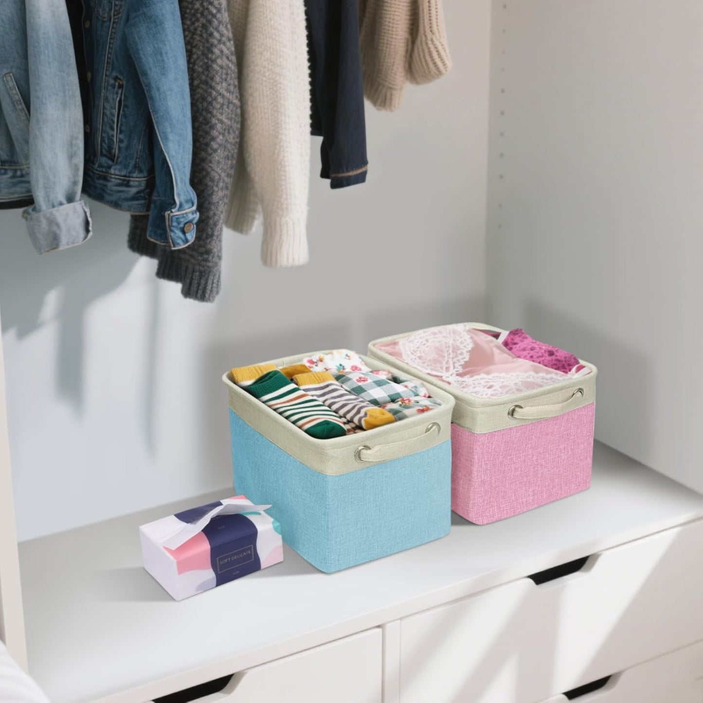 BALEINE 2 Pack Fabric Storage Bins for Shelves, Linen Storage Baskets for Organizing, Decorative Closet Bins for Clothes, Home (Pink, 12"x8"x8")