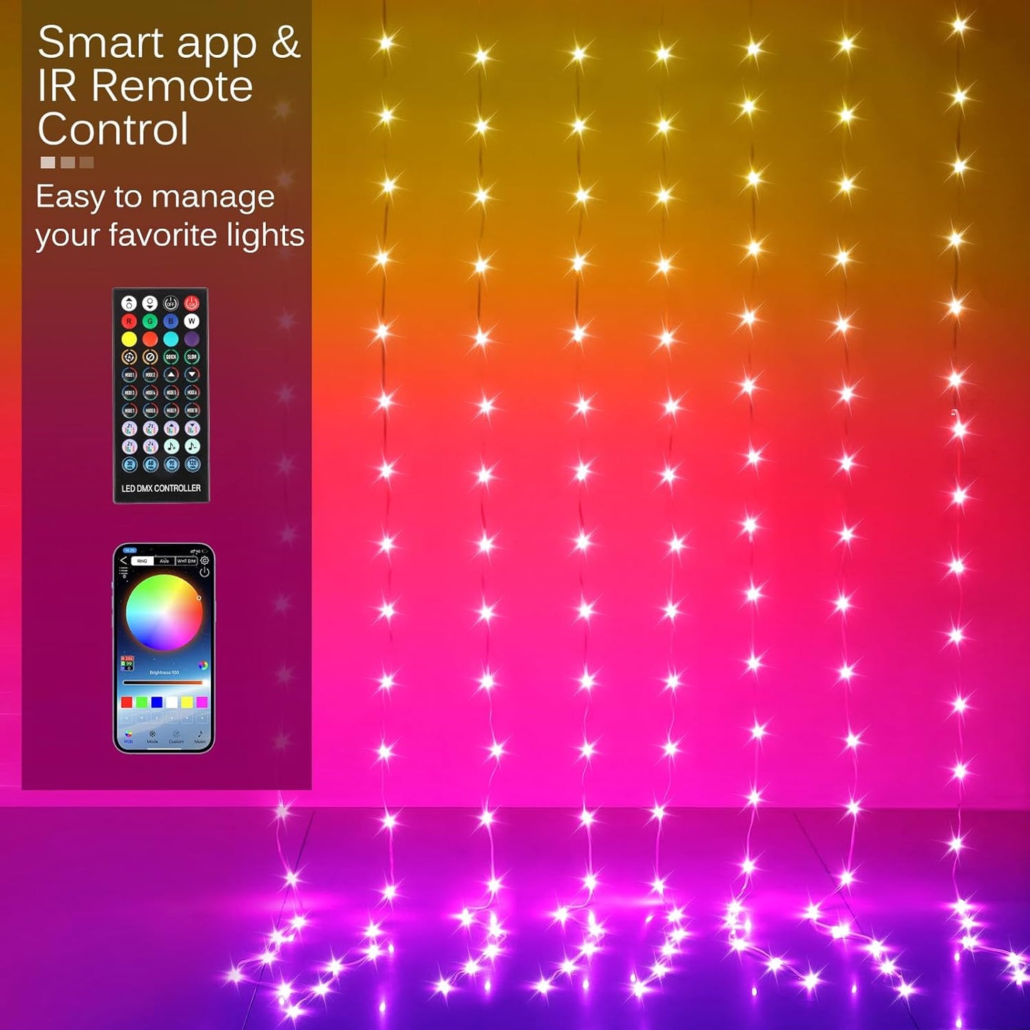 LED Curtain Lights, 6.5ft x 6.5ft 200 LED RGB Color Changing String Fairy Lights Curtain with Smart APP Control, Music & Voice Sync for Bedroom Backdrop Indoor Outdoor Christmas Decorations