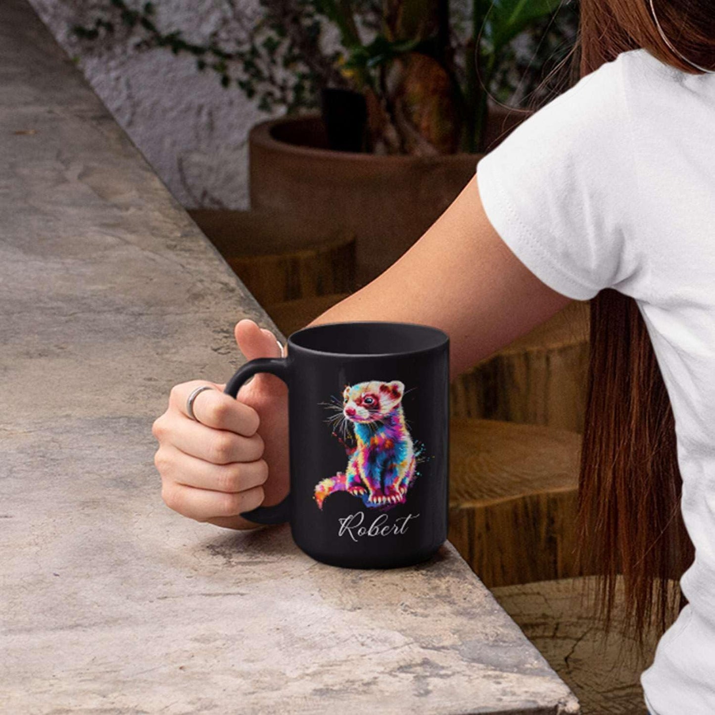 Custom Choose Name Ferret Coffee Mug, Colorful Animal Ceramic Cup, Gift For Ferret Lovers, Personalized 11oz & 15oz Mugs