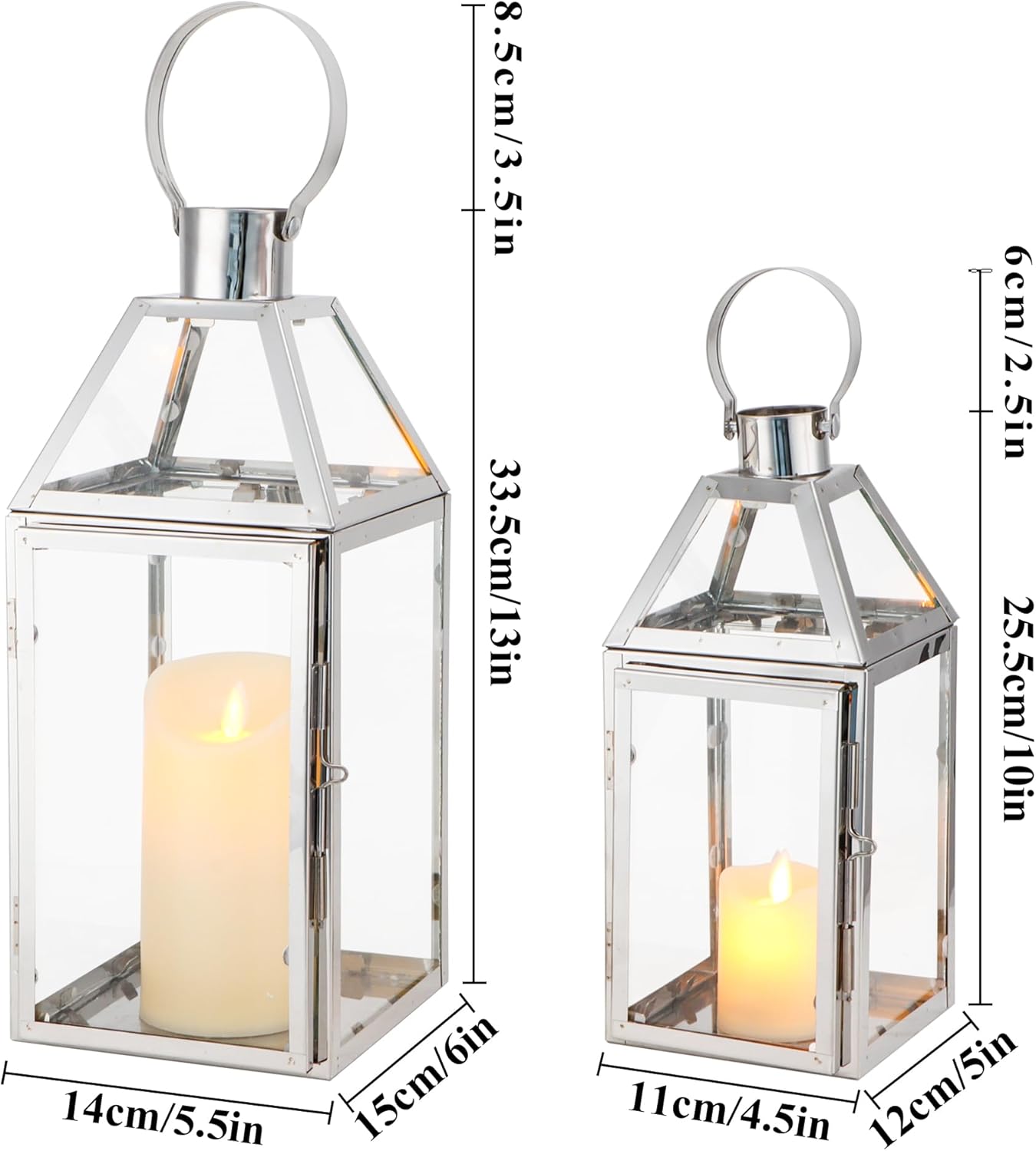 TRIROCKS Set of 2 Stainless Steel Decorative Lanterns 13"&10" H Metal Candle Holders with Tempered Glass for Home Decor Living Room Parties Events Tabletop Indoors Outdoors(Silver)