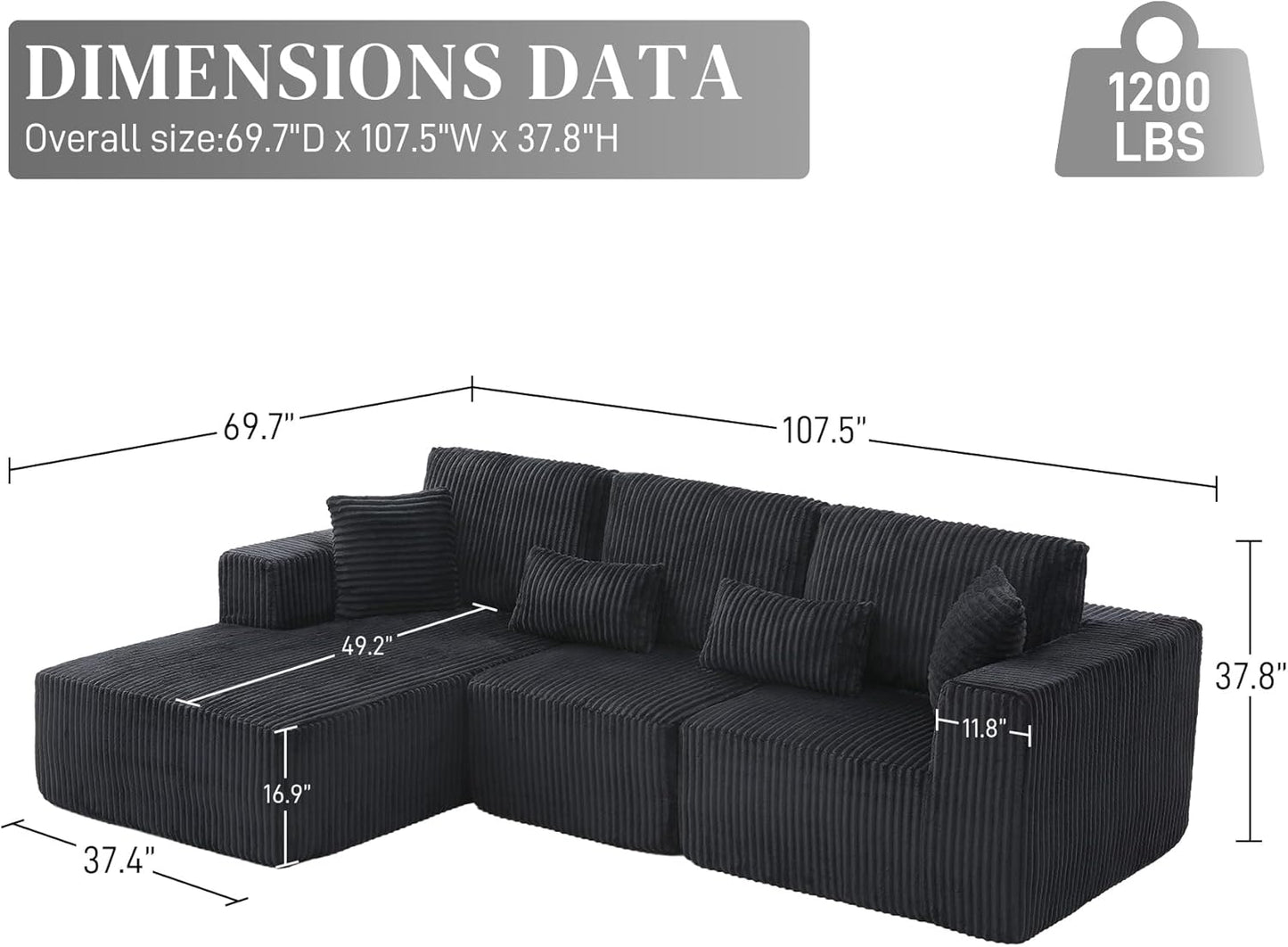 HYJT-H&K Modular Sectional Sofa Cloud Sectional Couch, 107" Comfy Fluffy L Shaped Dark Black Couches for Living Room, Deep Seat Memory Foam Plush Corduroy Boneless Couch Sectionals Left Facing Chaise