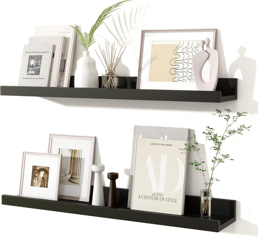 Fun Memories Picture Ledge Shelves Set of 2, 24 Inch Rustic Wall Mounted Floating Shelves with Lip for Home Storage and Décor in Bathroom, Kitchen, Nursery, Bedroom, Living Room, Black
