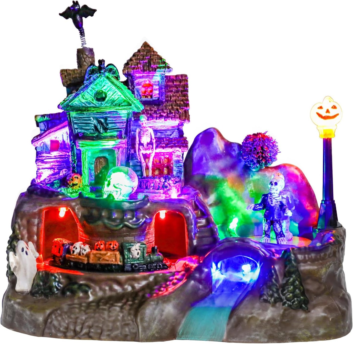DREAM GARDEN Halloween Village Collection, Lighted Spooky Haunted House with Animated Train and Scary Sound Halloween Collectible Bulidings with Skull, Pumpkin, Ghost for Holiday Party Tabletop Decor
