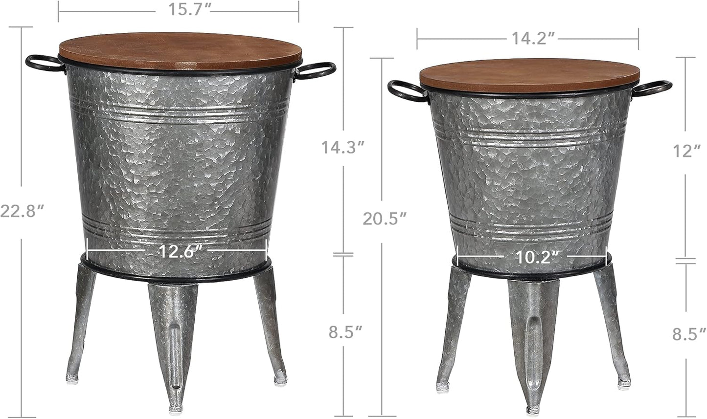 Rustee Rustic Storage Farmhouse Accent Side Table,Antique Galvanized Metal End Coffee Cocktail Table Box Bin with Round Wooden Lid Set of 2 (Galvanized),HC2009WT,One size