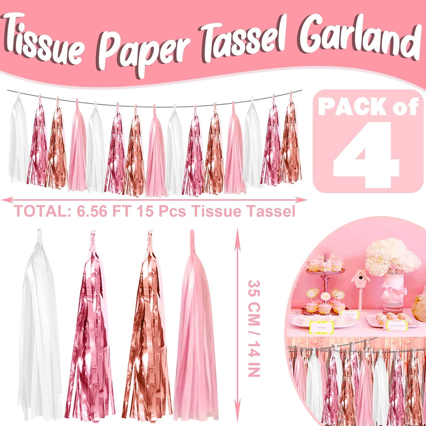 4P Pink White Peach Rose Gold Tassels Party Tassel Garland Banner, Tassels Banner Streamers for Parade Floats, Bachelorette, Wedding, Birthday, Christmas, Bridal/Baby Shower Party Decorations
