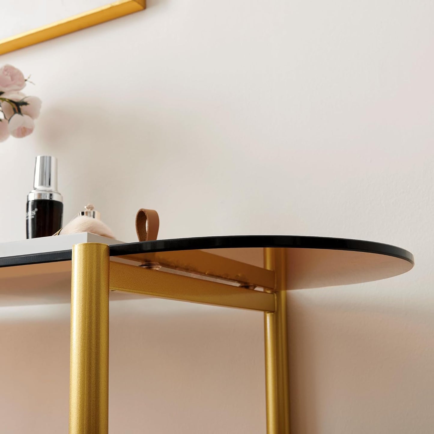 Oval Glass Console Table for Living Room, Foyer & Entrance, 2-Tiers Mid-Century Modern Sofa Table with Amber Glass Top, Walnut Finish Wood Top and Gold Finish Metal Frame