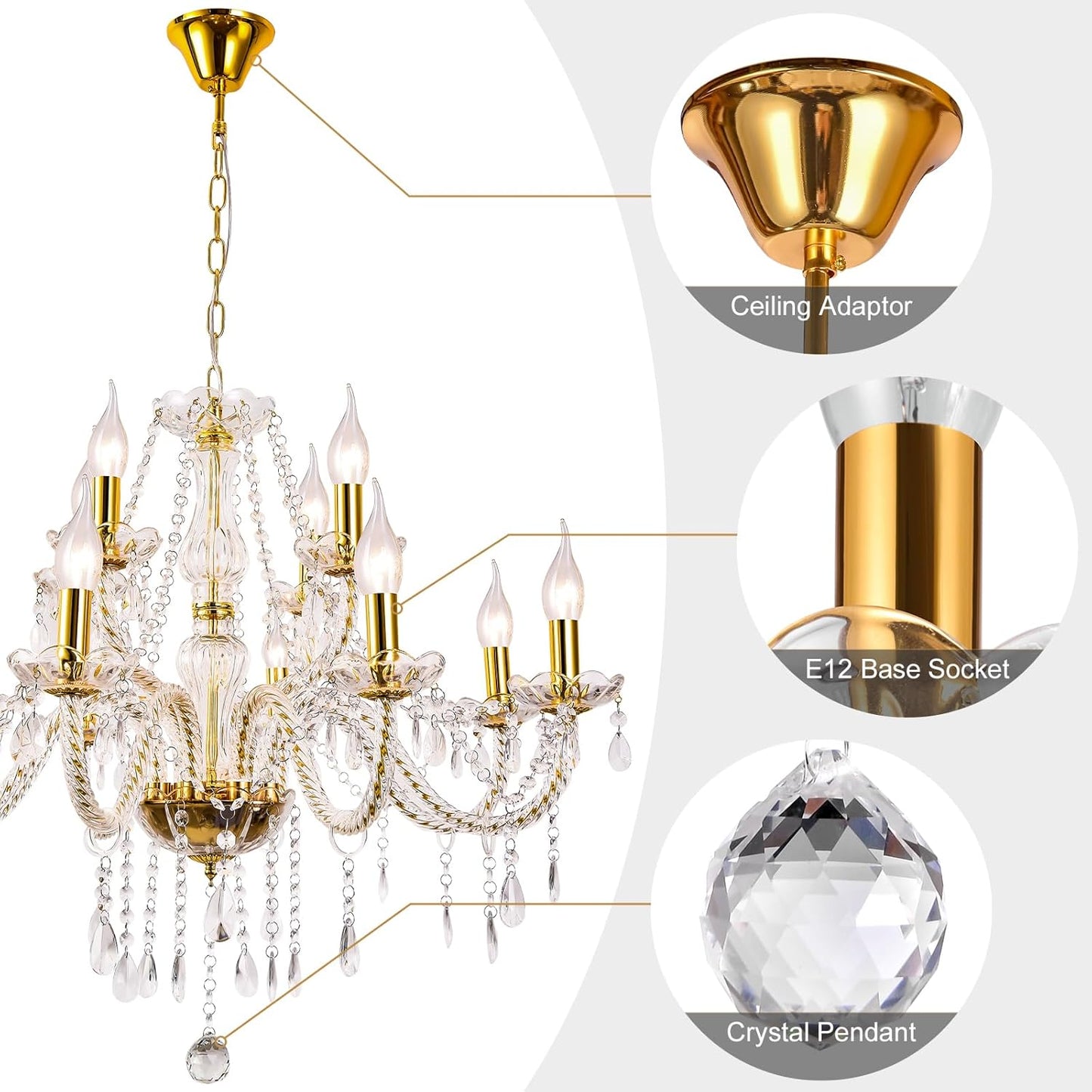 Modern Elegant 10 Lights K9 Crystal Glass Chandelier Golden Pendant Ceiling Lighting European Style for Dining Living Room Bedroom Transparent, 10 E12 Bulbs Required
