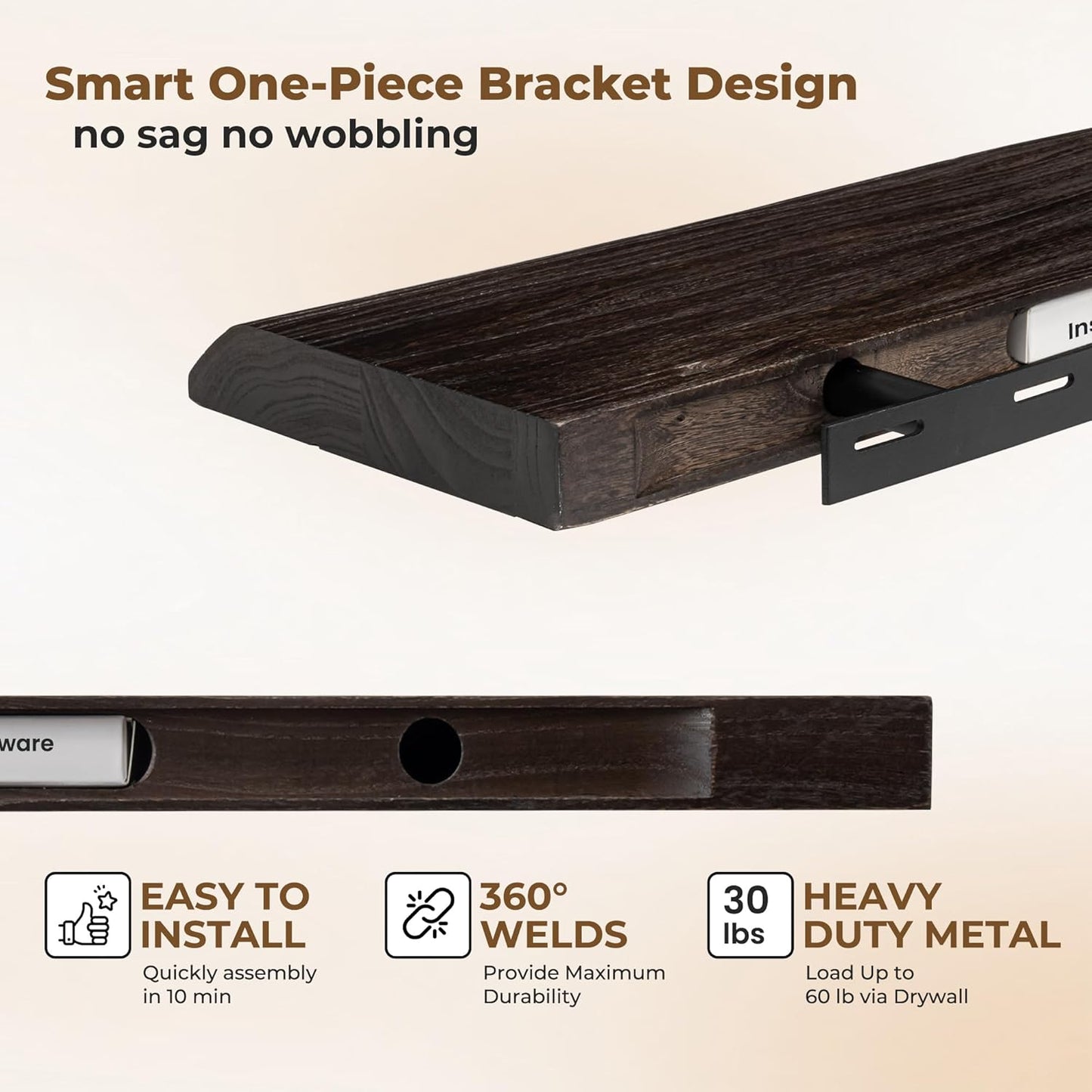 Axeman 40 inch Floating Shelves for Wall - 8'' D Live Edge Rustic Solid Elm Wood Floating Shelves Wall Mounted, Wall Shelves with Invisible Bracket for Living Room Bedroom Kitchen, Set of 1 Walnut