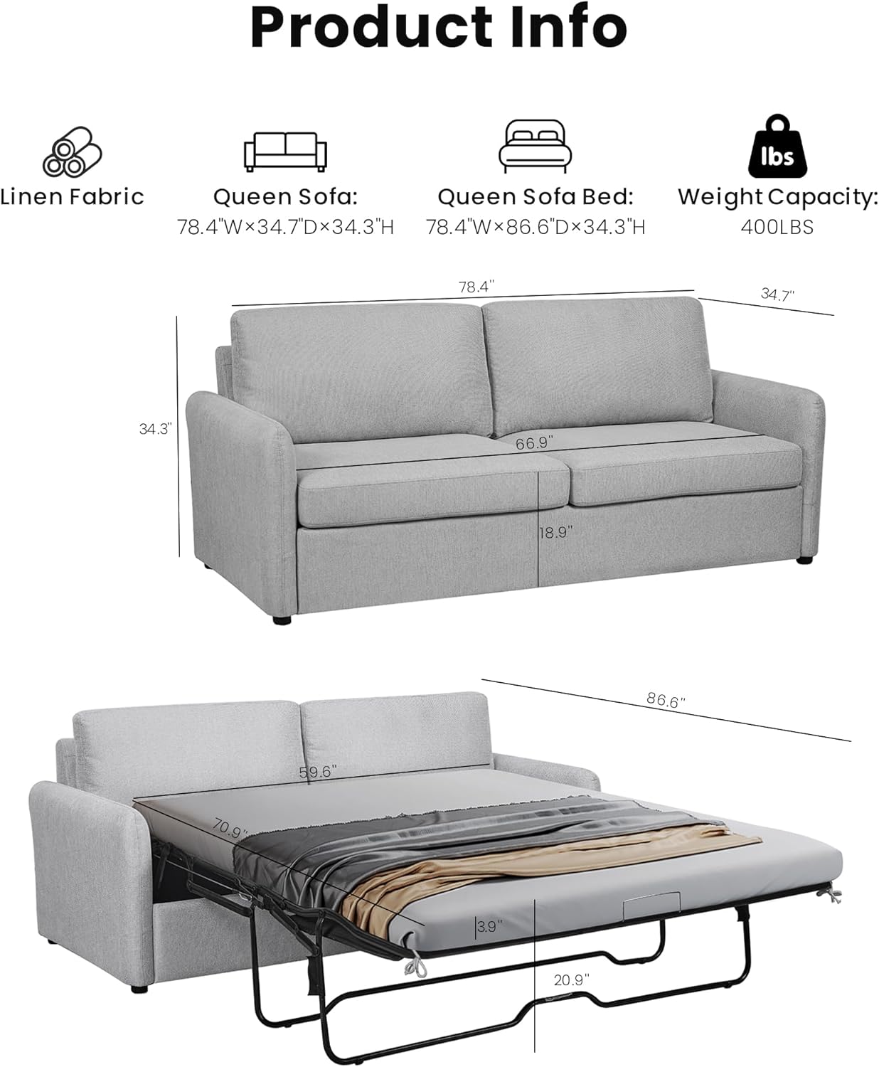 Queen Size Pull Out Sofa Bed, 2 in 1 Convertible Sleeper Sofa Couch with Pullout Bed, Memory Foam Mattress for Living Room Office, Space-Saving, Light Grey