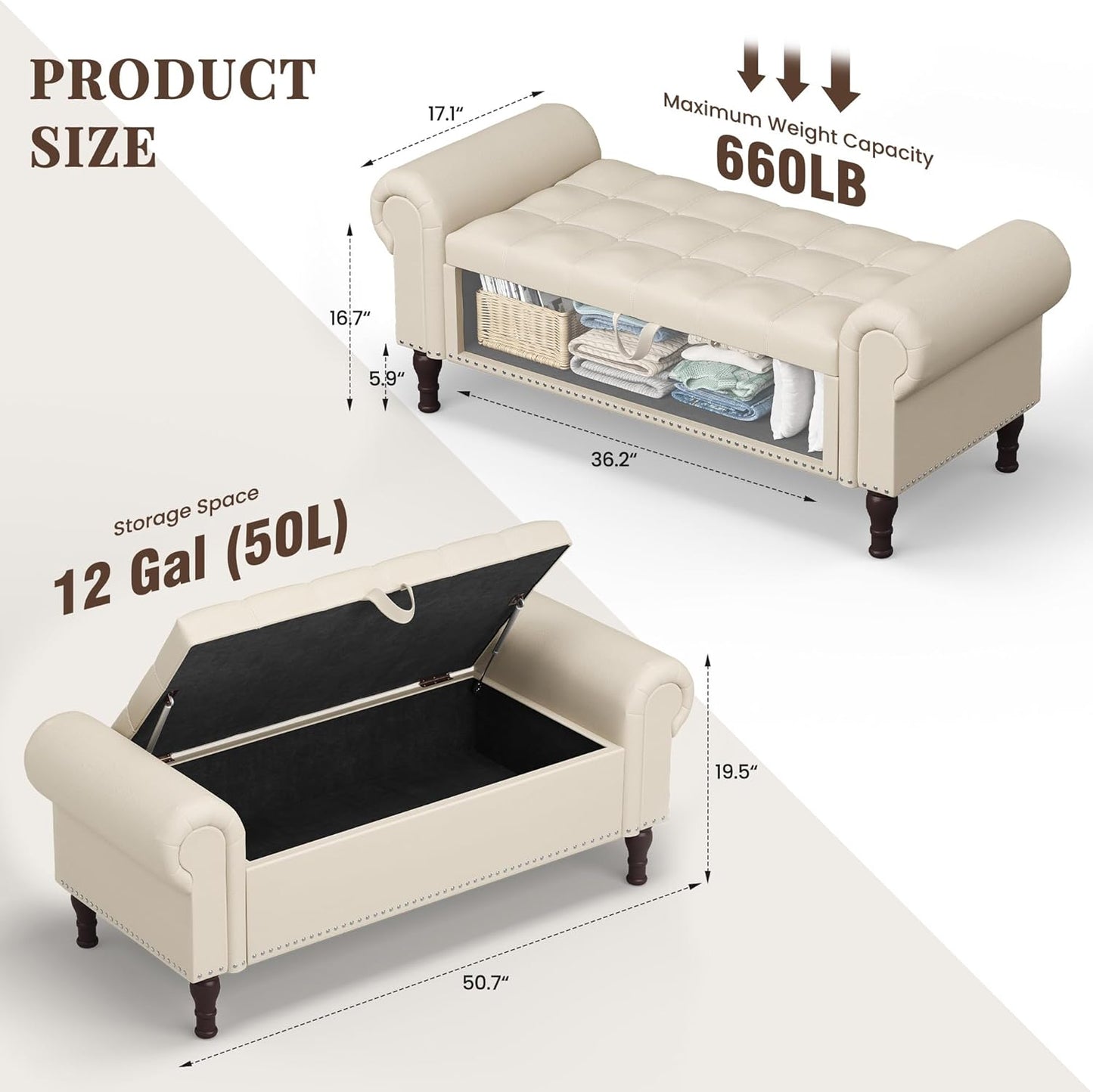 51" Storage Ottoman Bench for Bedroom, Full Queen Storage Bench with Button, Upholstered Bedroom Bench with Rolled Arms for Living Room, Storage Room, Entryway, Beige+Brown Legs