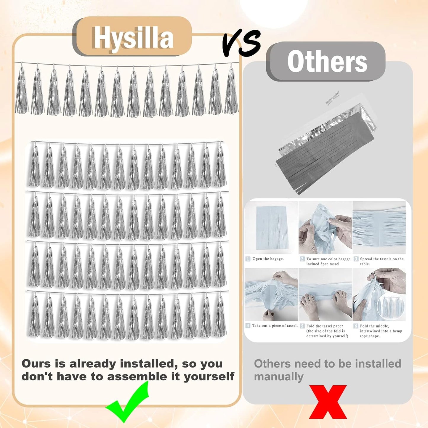 4P Silver Foil Fringe Metallic Tassel Streamers Banner Tassel Garland for Parade Floats, Bachelorette, Wedding, Birthday, Halloween, Christmas, Bridal/Baby Shower Party Decorations