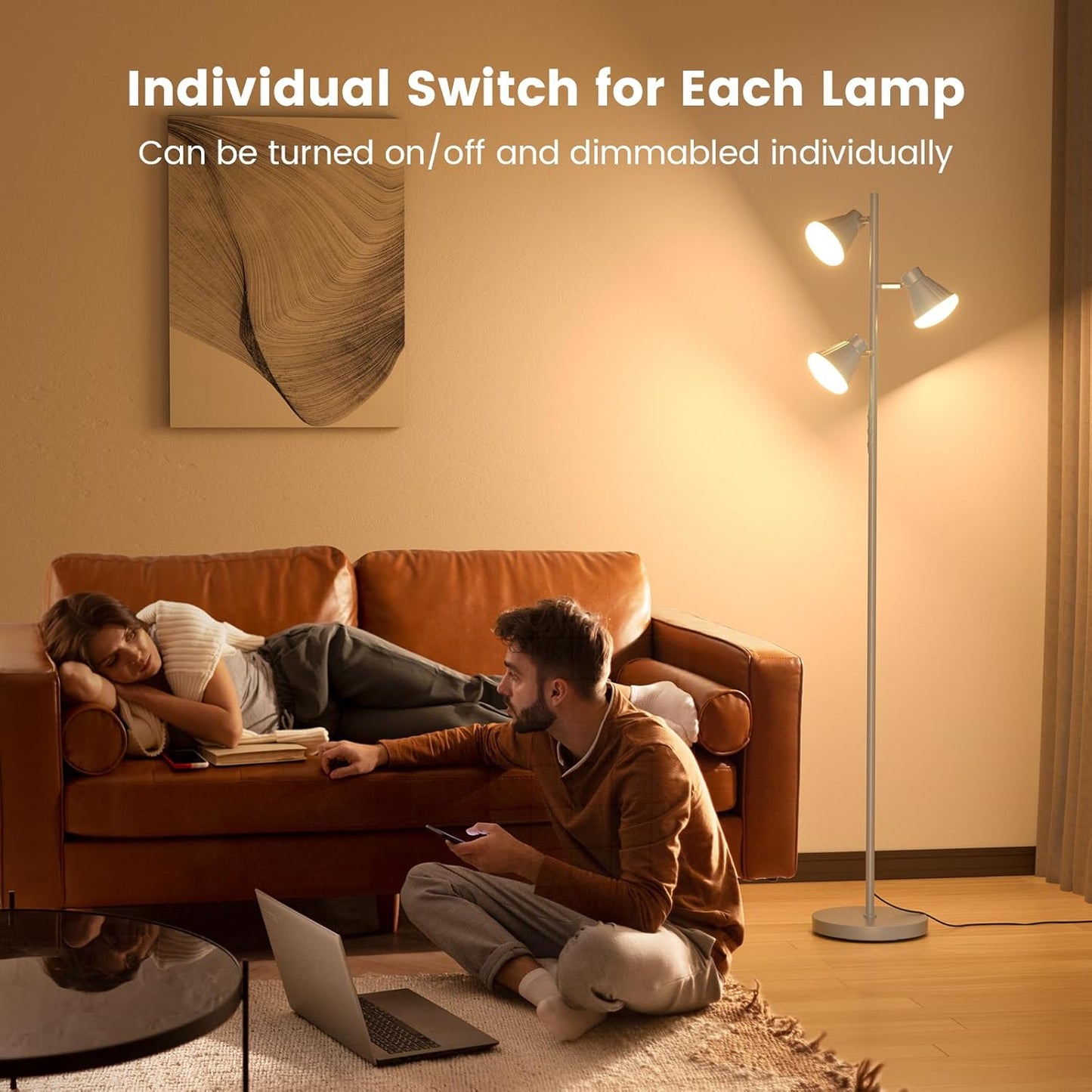 36W LED Tree Floor Lamp, Dimmable Tall Standing Lamp with Remote & Touch Control, 4 Color Temperatures Bright Floor Lamp, 3 Rotatable Light Modern Floor Lamps (Silver Gray)