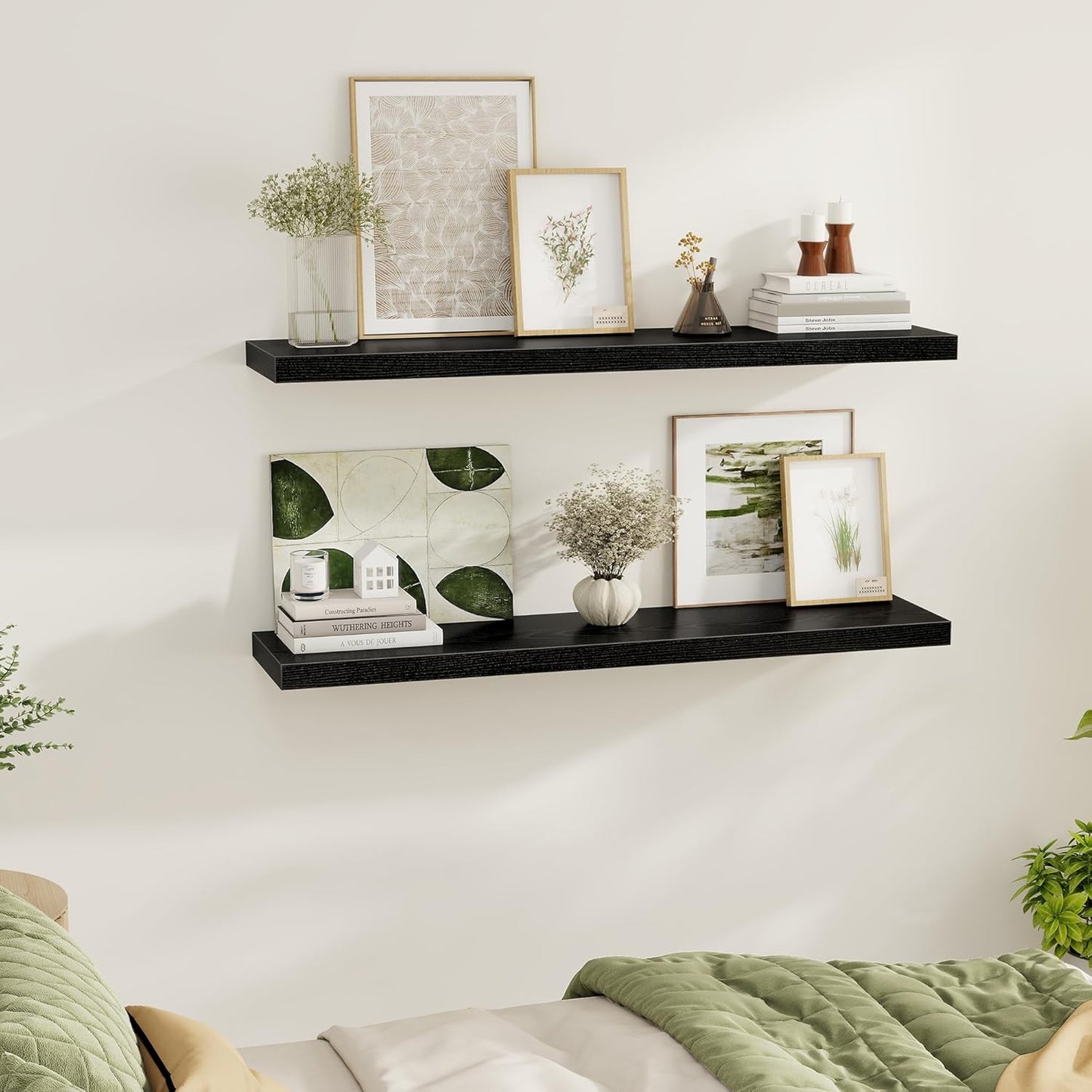 Black Floating Shelves Wall Shelf 48 Inch, 9.3 Inch Deep Floating Shelf for Wall, Farmhouse Black Wood Shelves Invisible Bracket for Living Room, Bedroom, Kitchen, 48 x 9.3 x 1.4 Inch, Set of 2