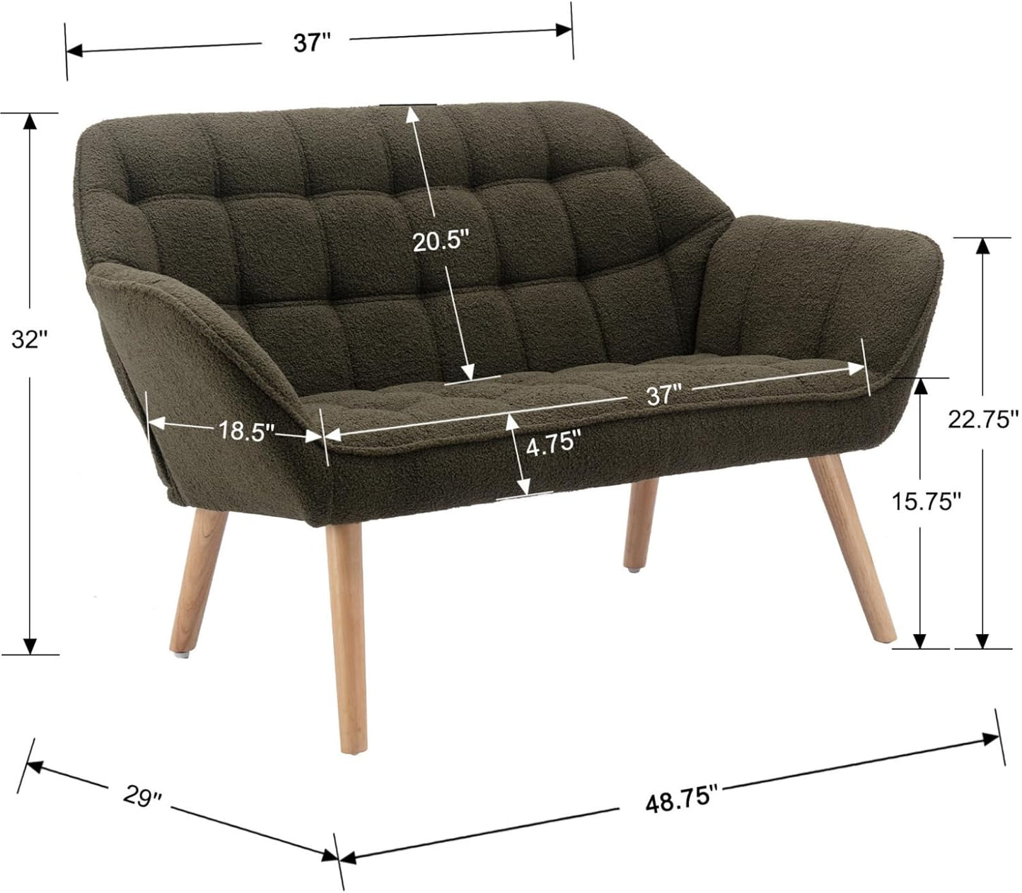 48”Small Loveseat Sofa, Modern Sherpa Upholstered Mini Couch 2-Seater Fluffy Love Seat with Quilting Backs and Wood Legs for Small Space, Living Room, Bedroom, Green