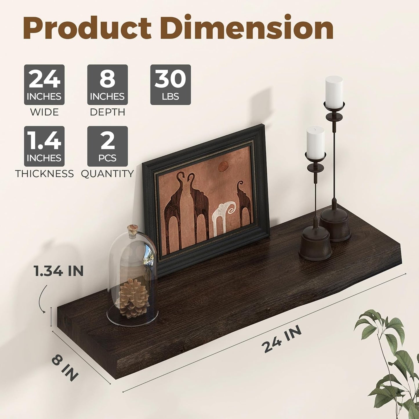 Axeman 24 inch Floating Shelves for Wall - 8'' D Live Edge Rustic Solid Elm Wood Floating Shelves Wall Mounted, Wall Shelves with Invisible Bracket for Living Room Bedroom Kitchen, Set of 2 Walnut