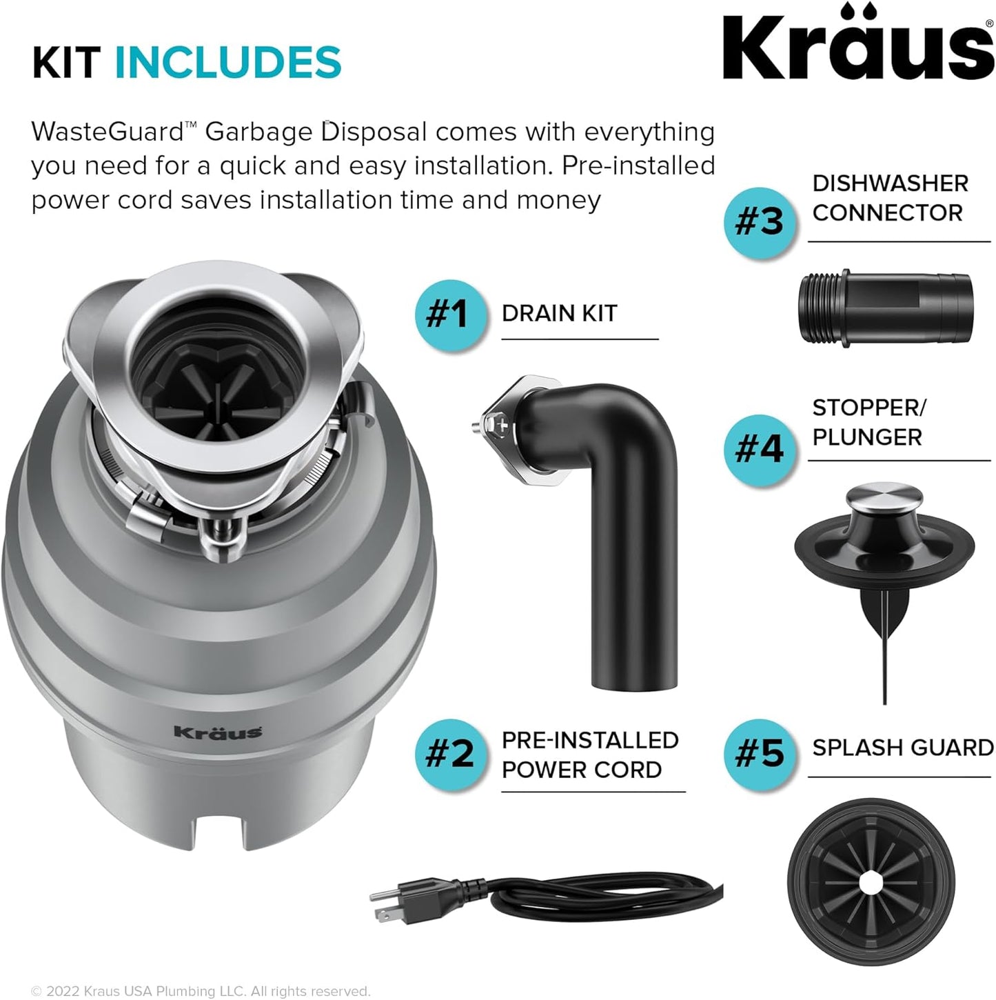 KRAUS WasteGuard High-Speed 1 HP Continuous Feed Ultra-Quiet Motor Garbage Disposal with Power Cord and Flange Included and Universal Mount, KWD200-100MGR