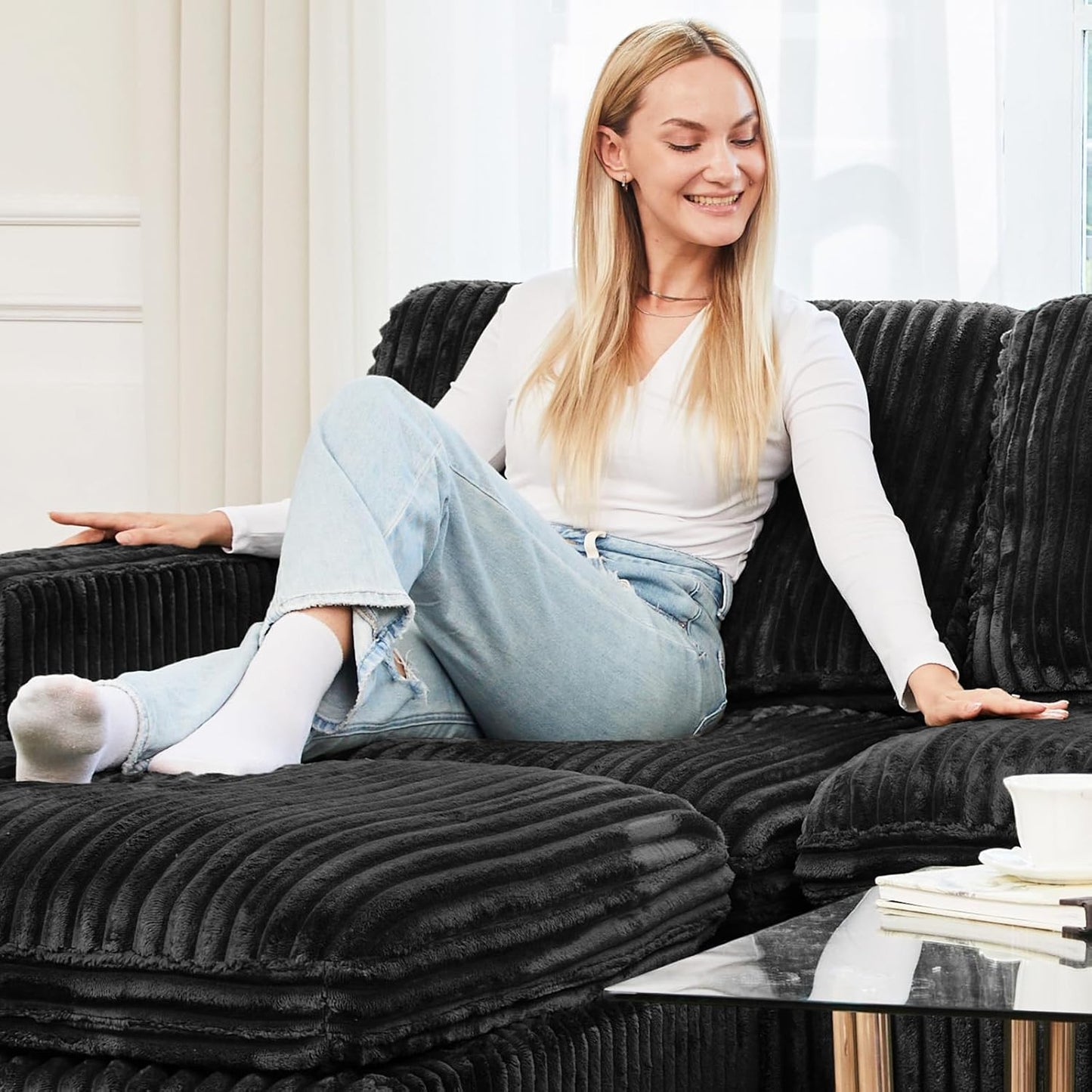 Belffin Modular Sectional Sofa with Sleeper Sofa, Oversized Cloud Couch with Extra Deep Seat, Upholstered 9 Seat Sectional Couches for Living Room, Plush Corduroy Black