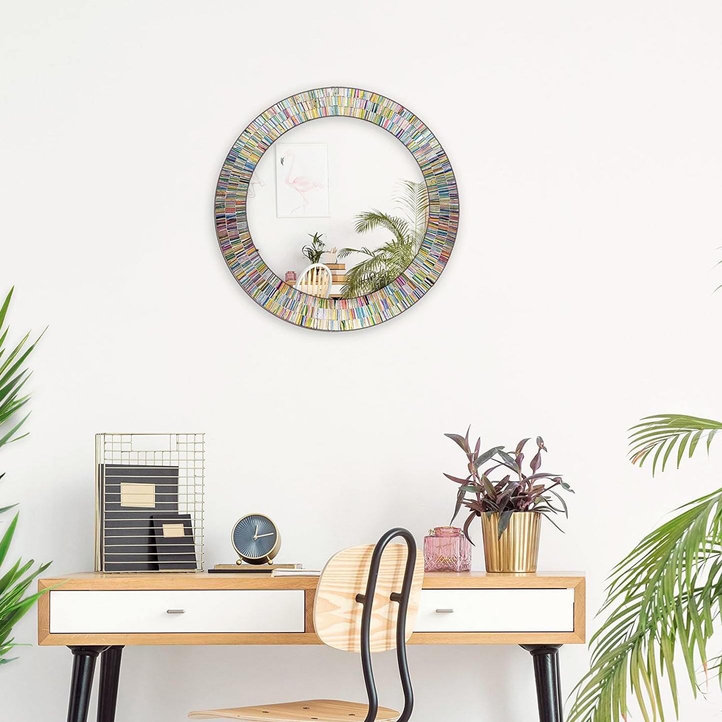 Bohemian Rainbow Wall Mirror -Glass Mosaic Mirror Decorative Wall Mirror, Multi Color Spectrum Wall Mountable, 24" Multi-Color Round Framed Mirror