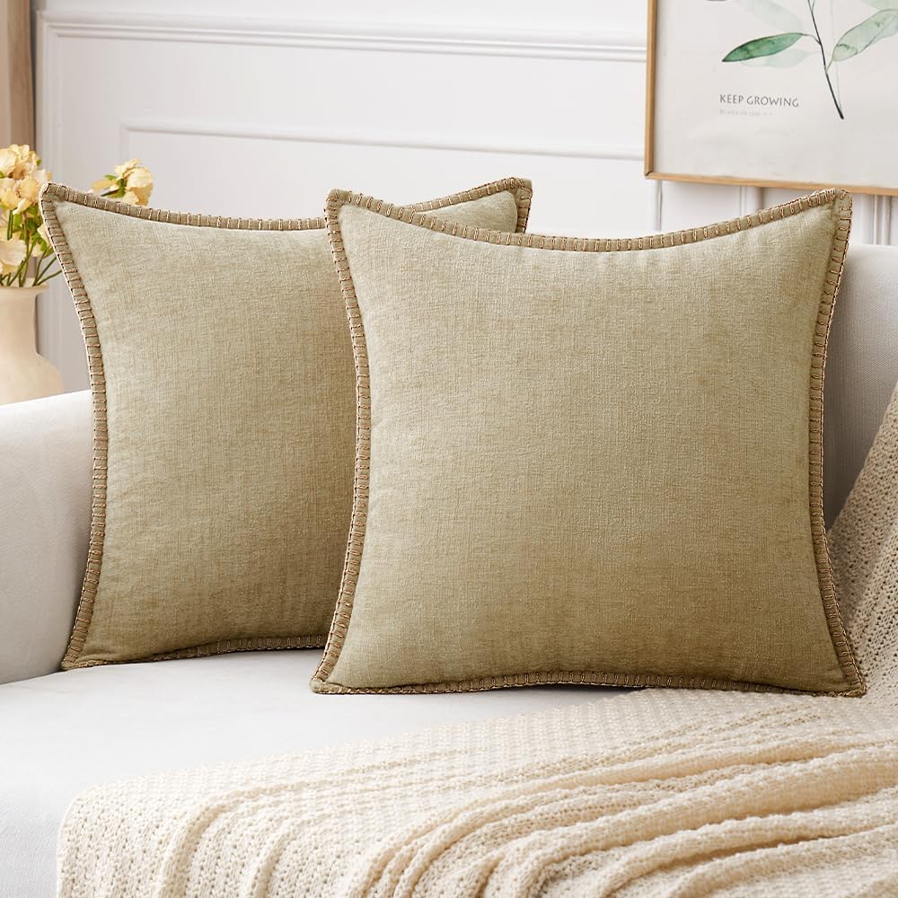 MIULEE Pack of 2 Couch Throw Pillow Covers 22x22 Inch Beige Farmhouse Decorative Pillow Covers with Stitched Edge Soft Chenille Solid Dyed Spring Pillow Covers for Sofa Bed Living Room