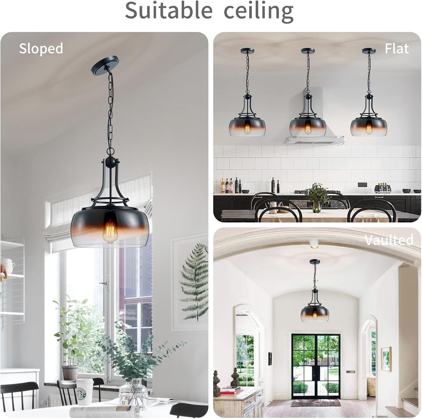 WUZUPS Chandelier Rustic Farmhouse Industrial Round Ceiling Pendant LED Light Fixture with Amber Gradient Black Glass Shades for Dining Room Kitchen Island Foyer Entryway, H 17" x W 13.4", E26 Base