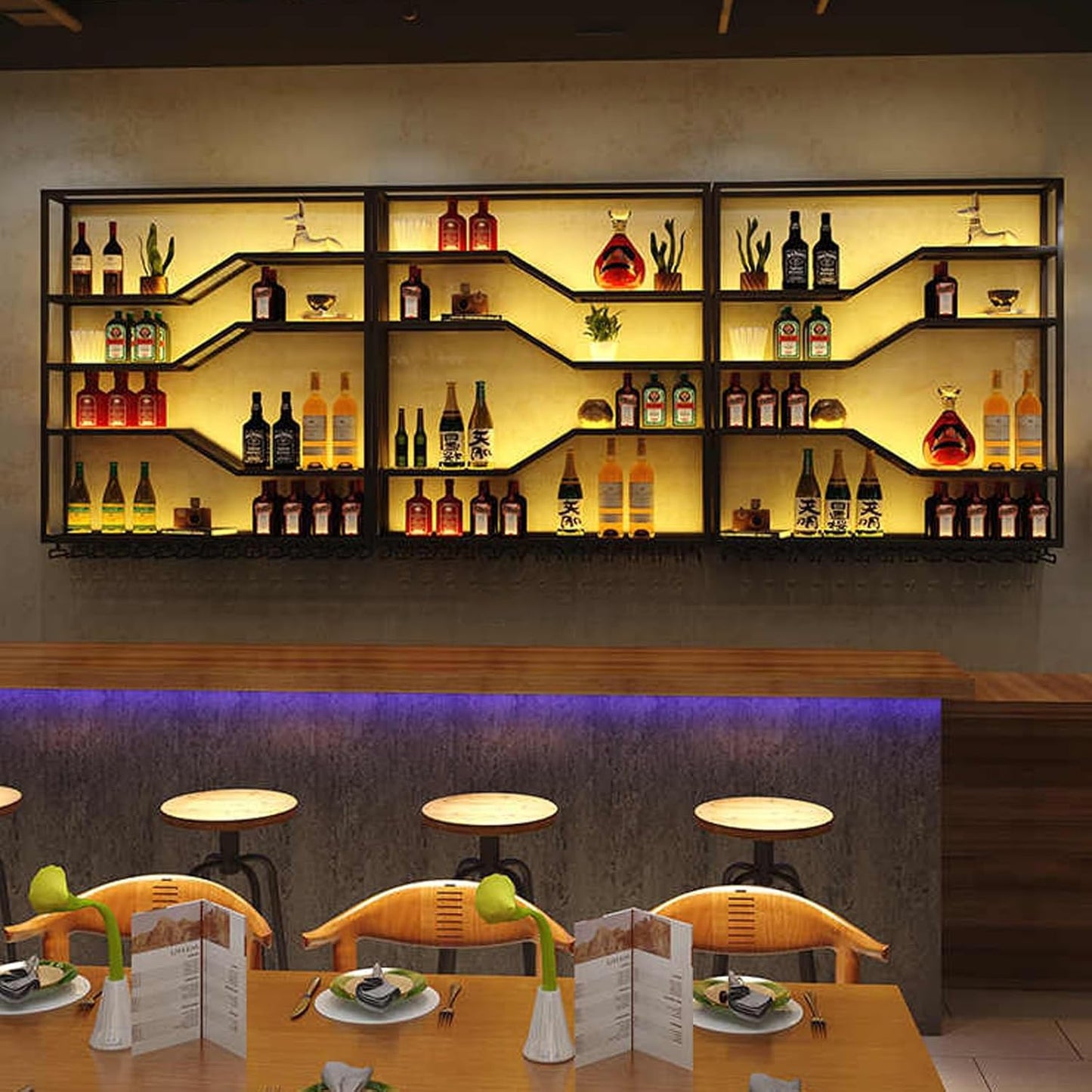 78.8in Wall Mounted Wine Rack with LED Light, 5-Tiers Liquor Bottles Display Shelf with Glasses Holder, Metal Home Bar Shelves with Industrial Iron Frame for Kitchen(Black, 78.8in/6.56ft)