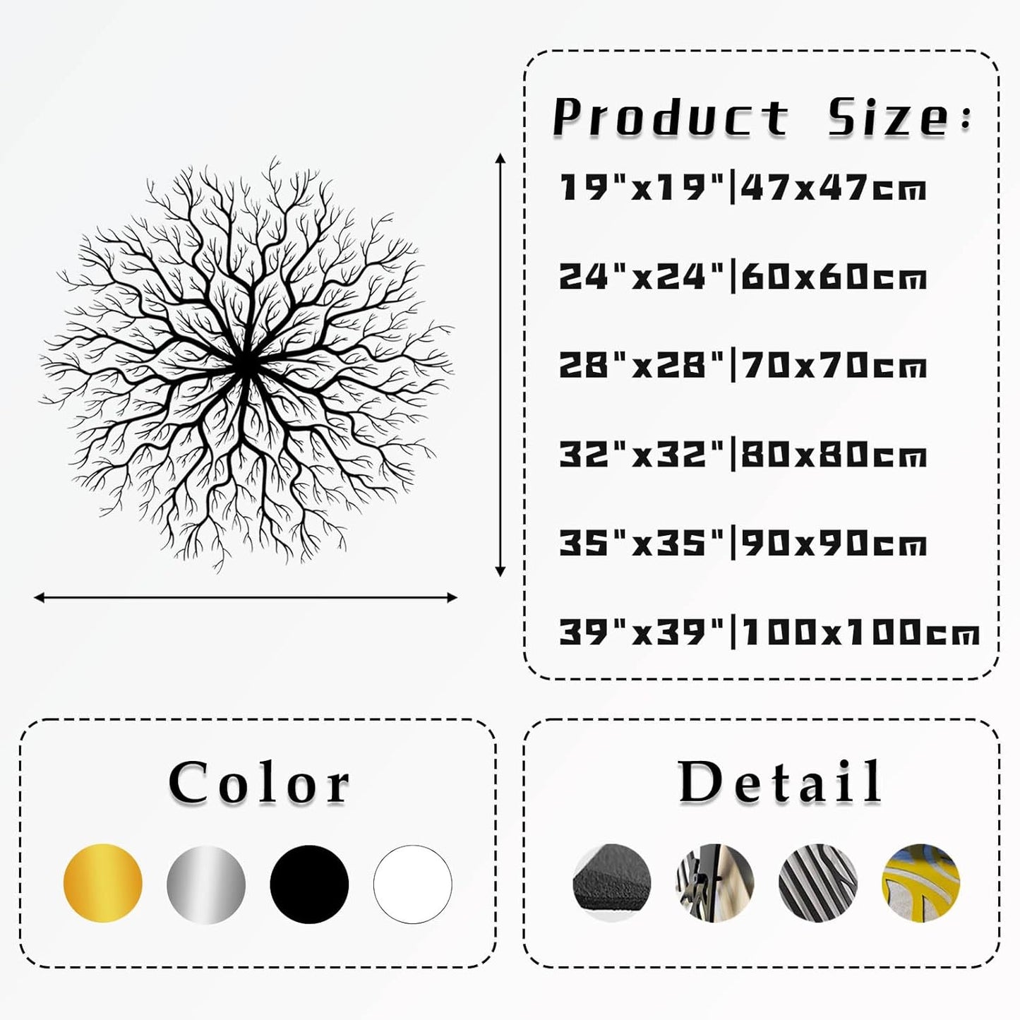 Tree of Life Metal Wall Art, Metal Tree Wall Art, Large Round Sculpture, Round Branch Wall Decor, Large Branch Artwork, Nature Sign, Wall Decor for Living Room, Housewarming Gift (Black, 35"x35"|90x90cm)