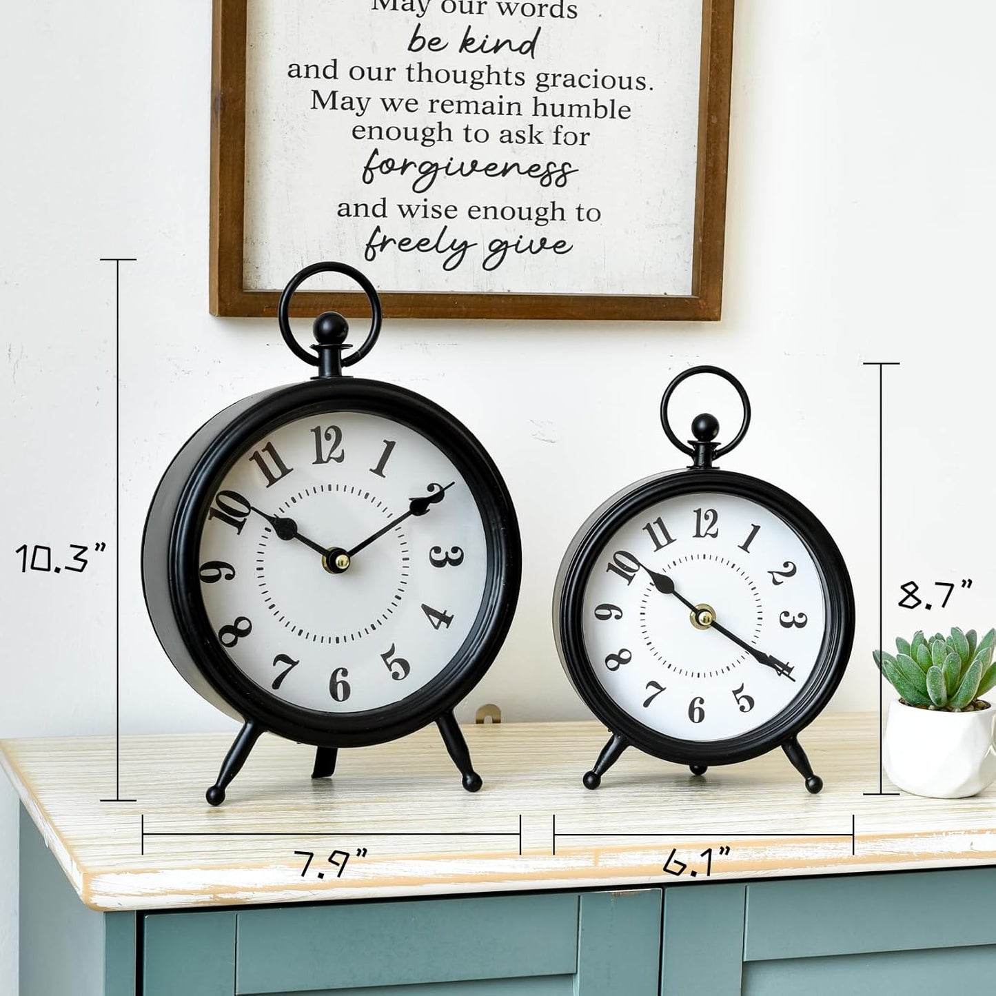 Vintage Black Table Clock on Stand, Decorative Desk and Shelf Clock，Decorative Battery Operated Table Top Clock for Living Room，Silent Non-Ticking(Small)