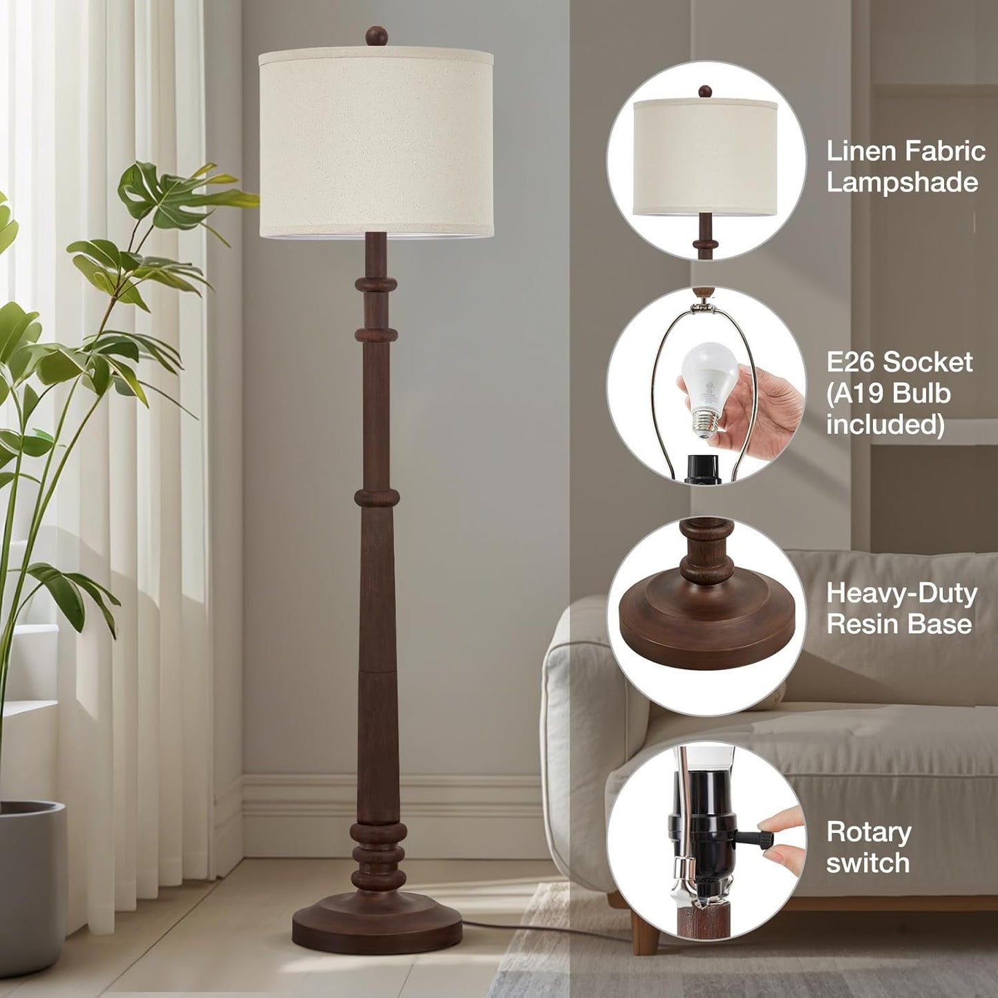 Floor Lamps for Living Room - 60" Resin Farmhouse Floor Lamp with 3 Color Temperatures - Vintage Standing Lamp Reading Light with Linen Shade Tall Lamp for Bedroom Office, Reddish Brown