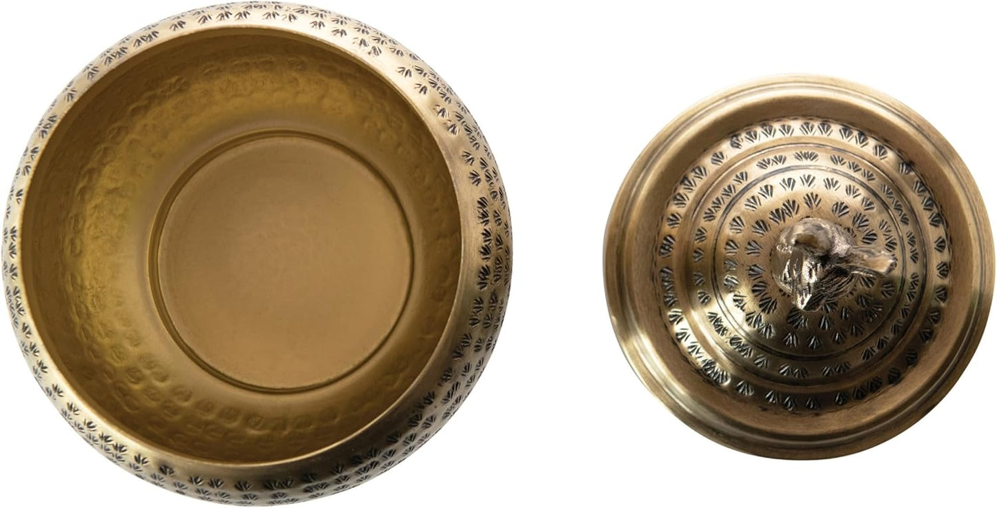 Creative Co-Op Round Hammered Metal Container with Rabbit Finial, Brass Finish