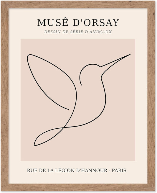 Poster Master Vintage Poster - Retro One Line Hummingbird Drawing Print - Bird Line Art - Minimal Gift for Him, Her, Animal Lover - Abstract Decor for Home, Office, 16x20 Beige Framed
