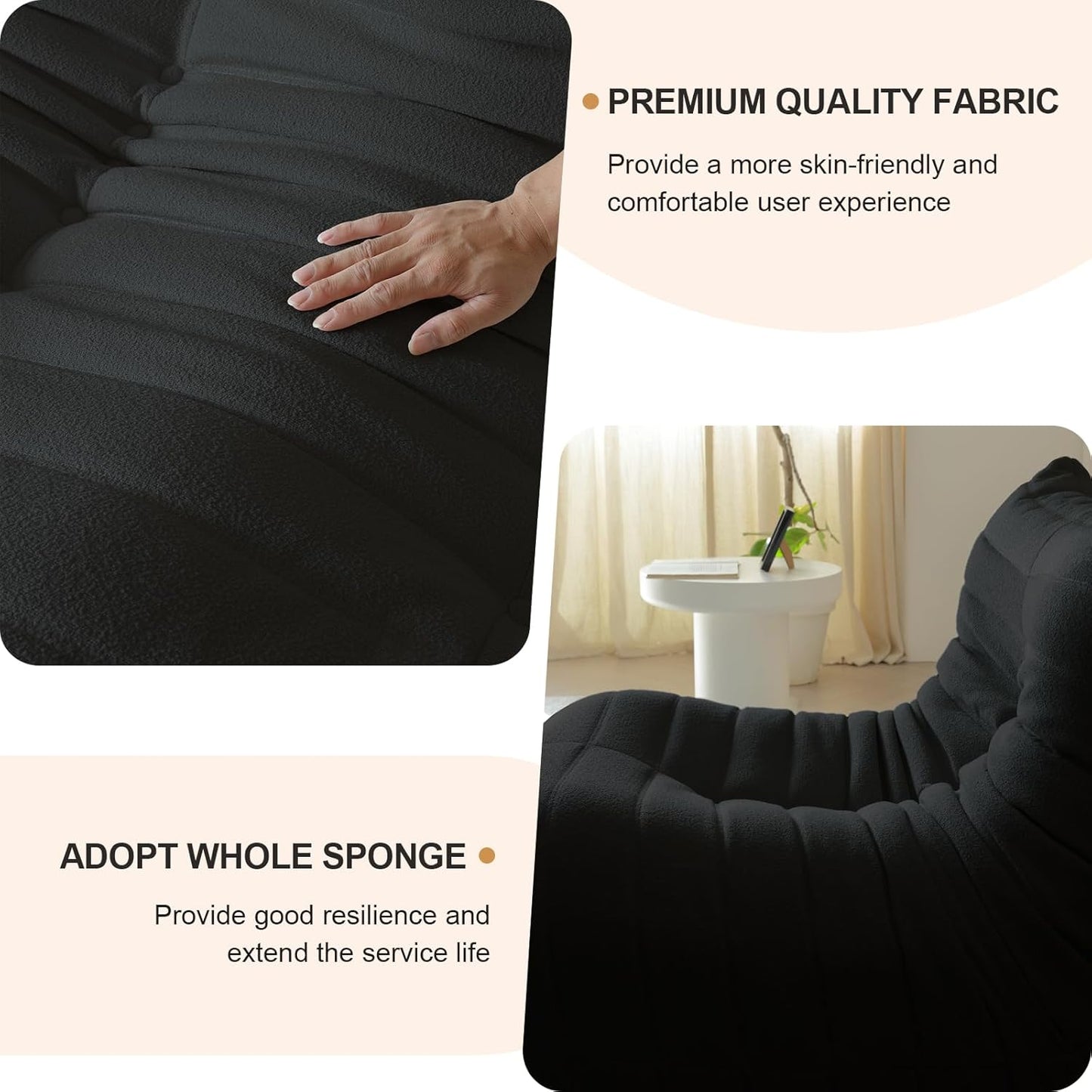 Luxury Sofa Couch Chair, Lazy Floor Seating, Fireside Bean Bag Chair, Ergonomic Tatami Sofa Lounger for Living Room, Bedroom, Office, Loveseat, Black