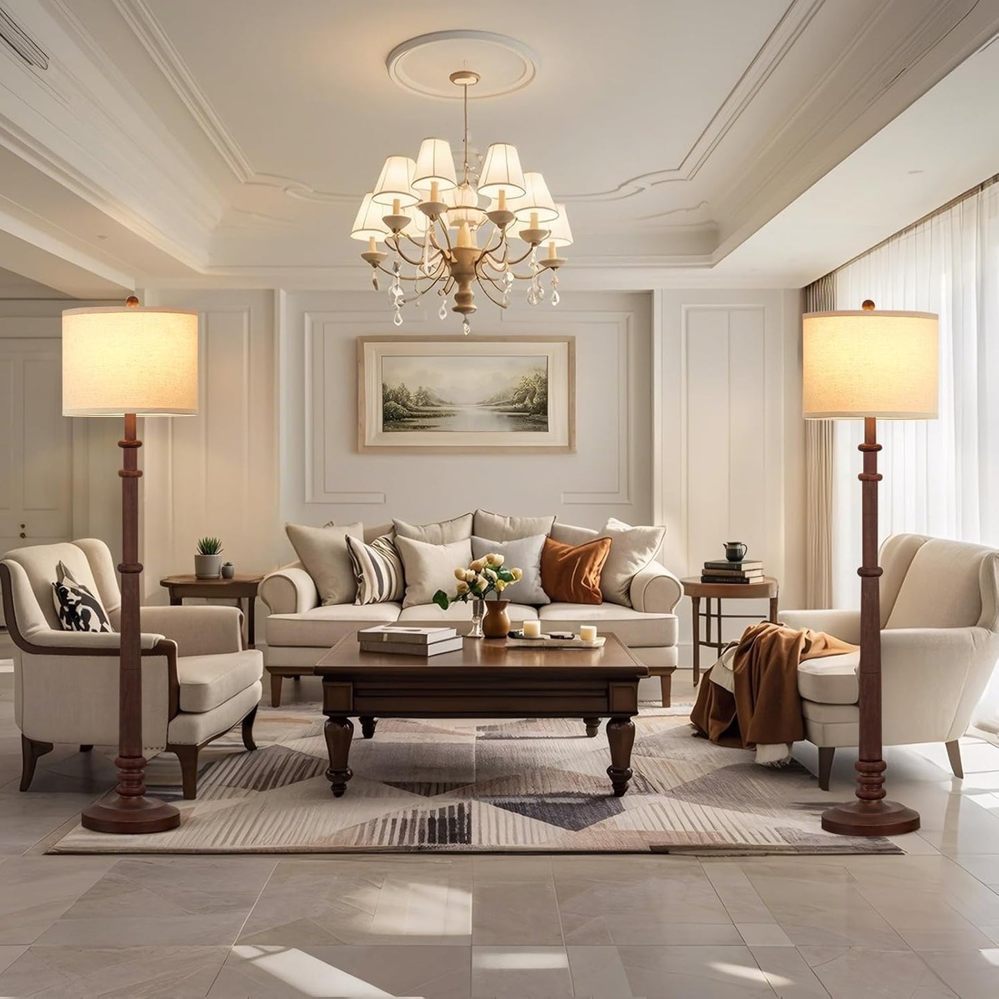 Floor Lamps for Living Room - 60" Resin Farmhouse Floor Lamp with 3 Color Temperatures - Vintage Standing Lamp Reading Light with Linen Shade Tall Lamp for Bedroom Office, Reddish Brown